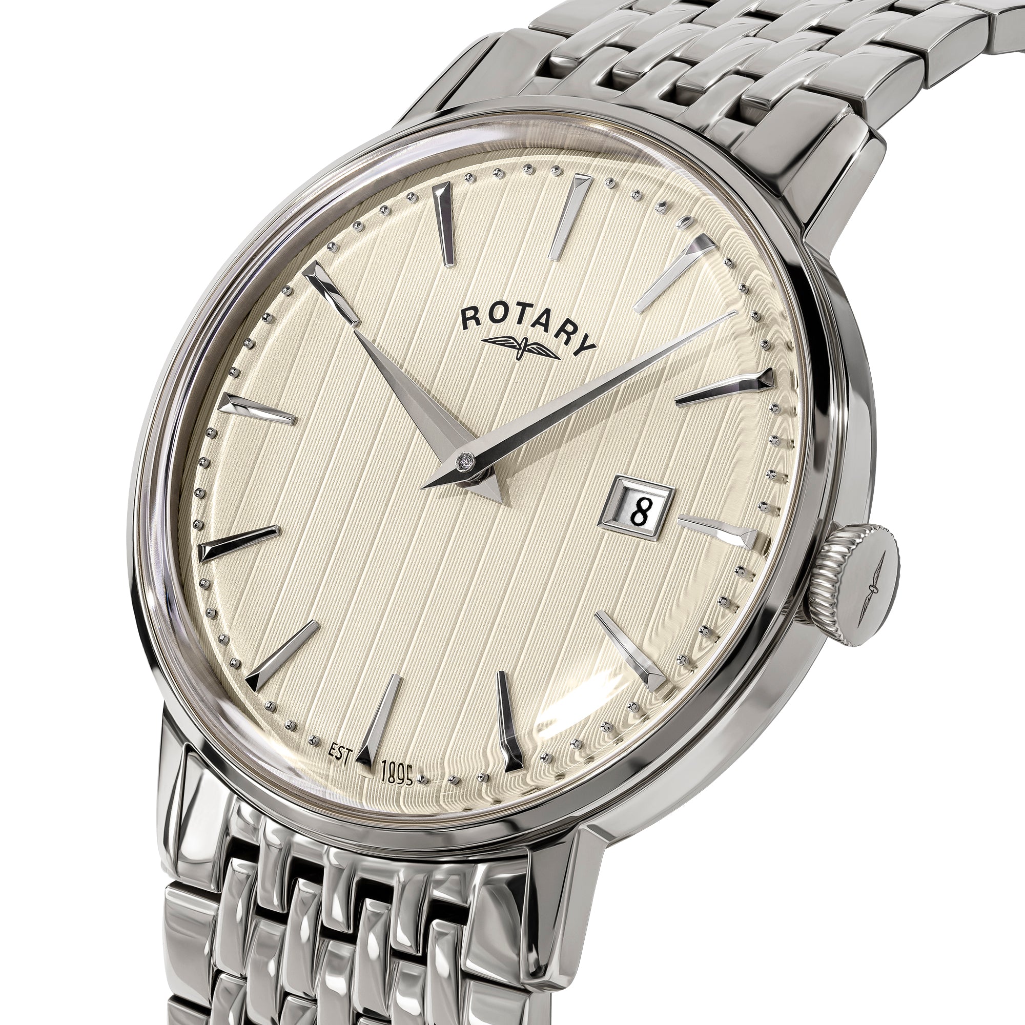 Silver rotary Heritage watch with a cream-colored face on a white background