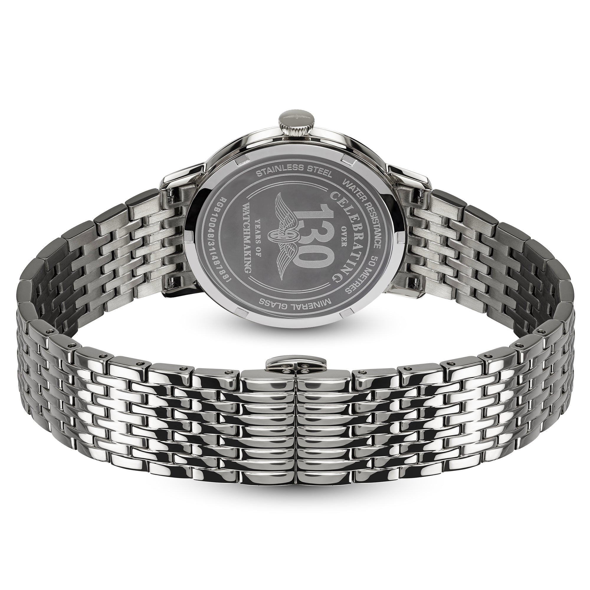 Silver Rotary 1895 watch with metal bracelet on a white background