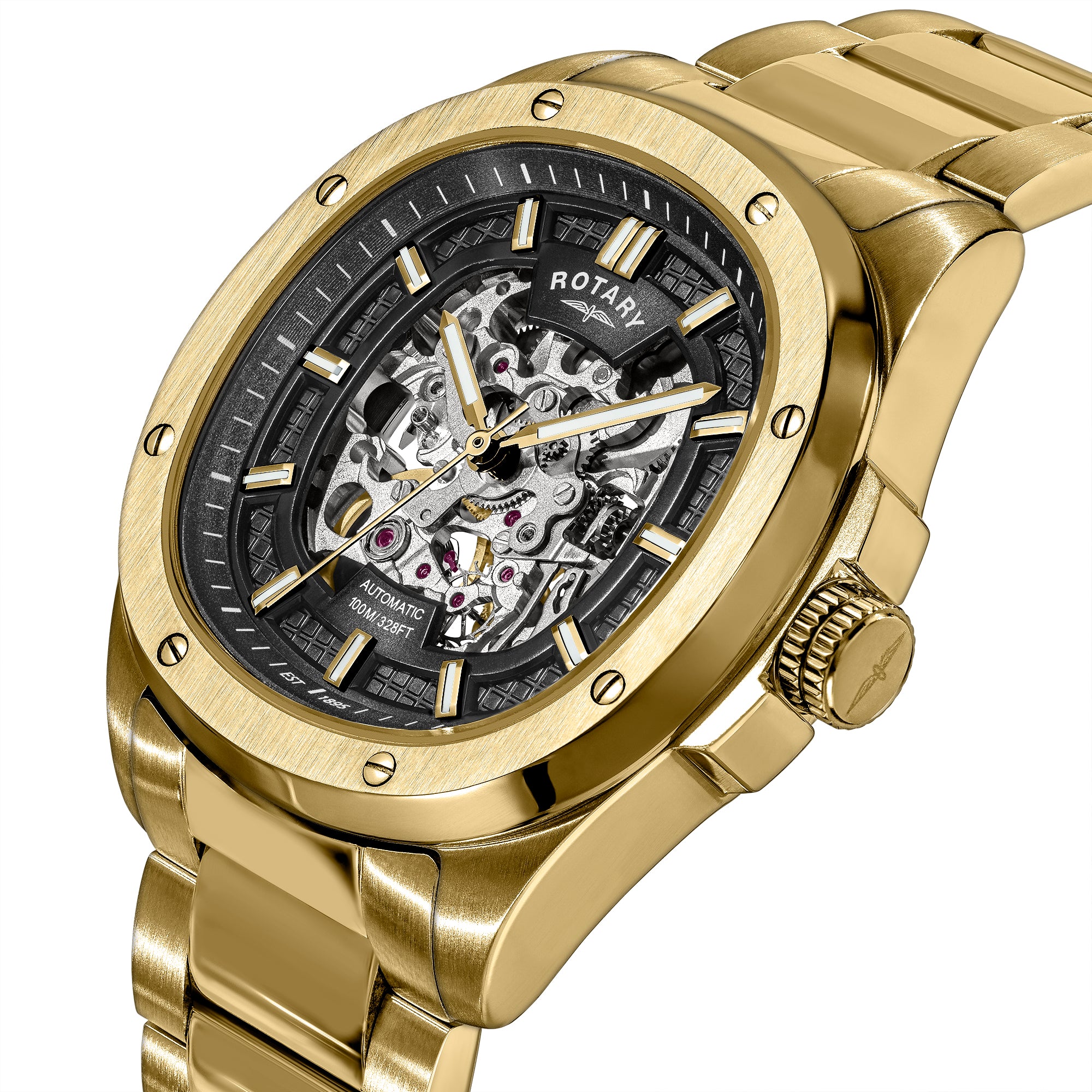 Gold Rotary Apex100 automatic wristwatch on a white background