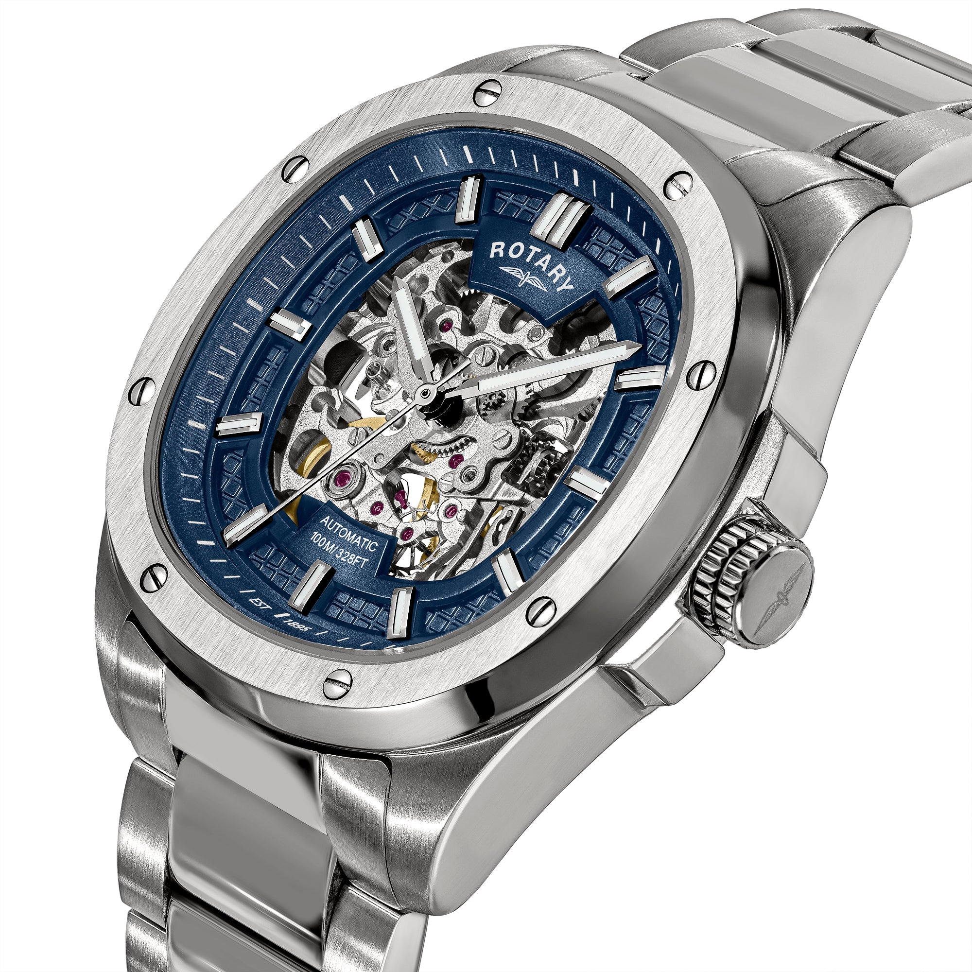Silver Men's Rotary Apex100 watch with blue face on a white background