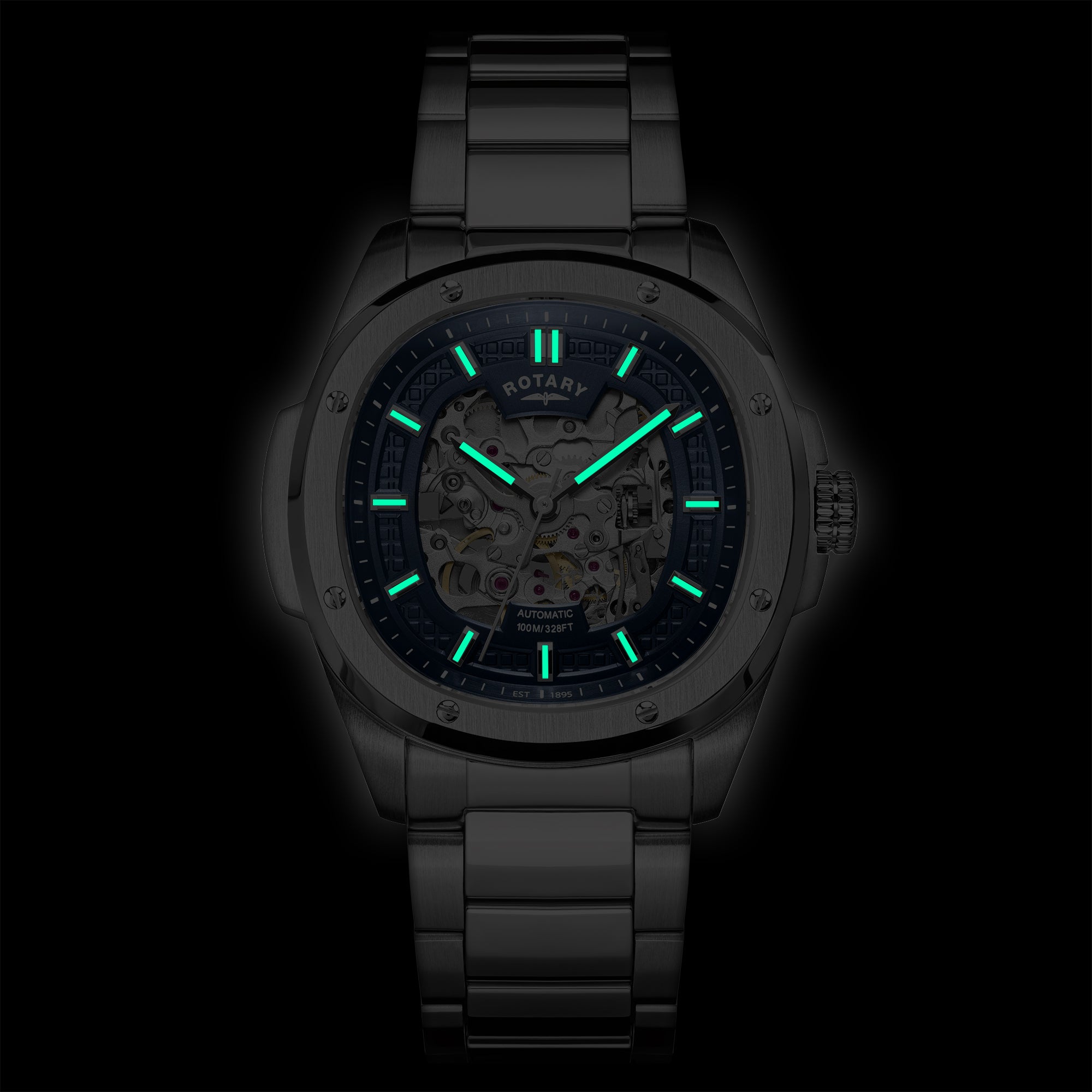 Rotary Apex100 wristwatch with glowing green interior on a black background