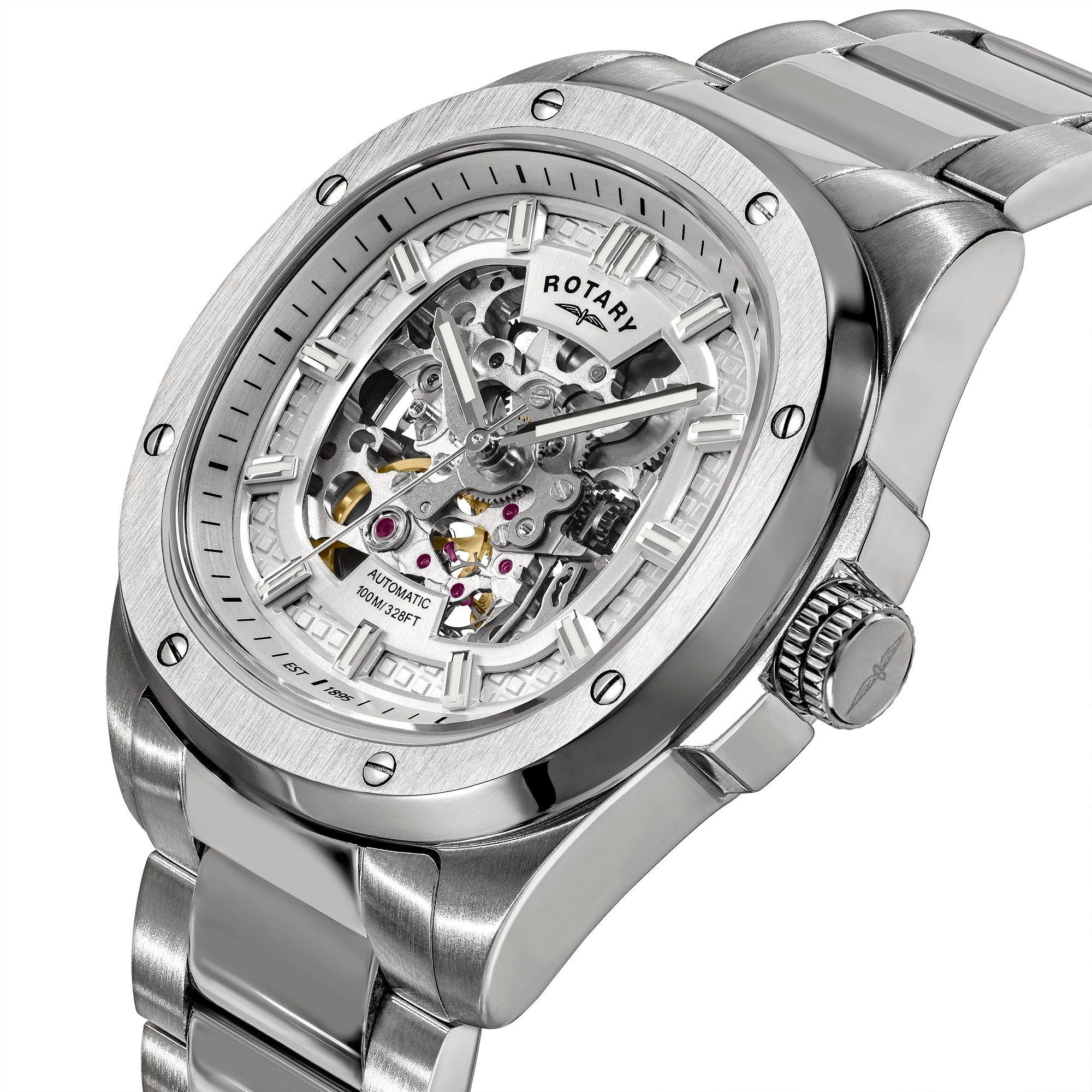 Silver Rotary watch with a skeletonised dial on a white background