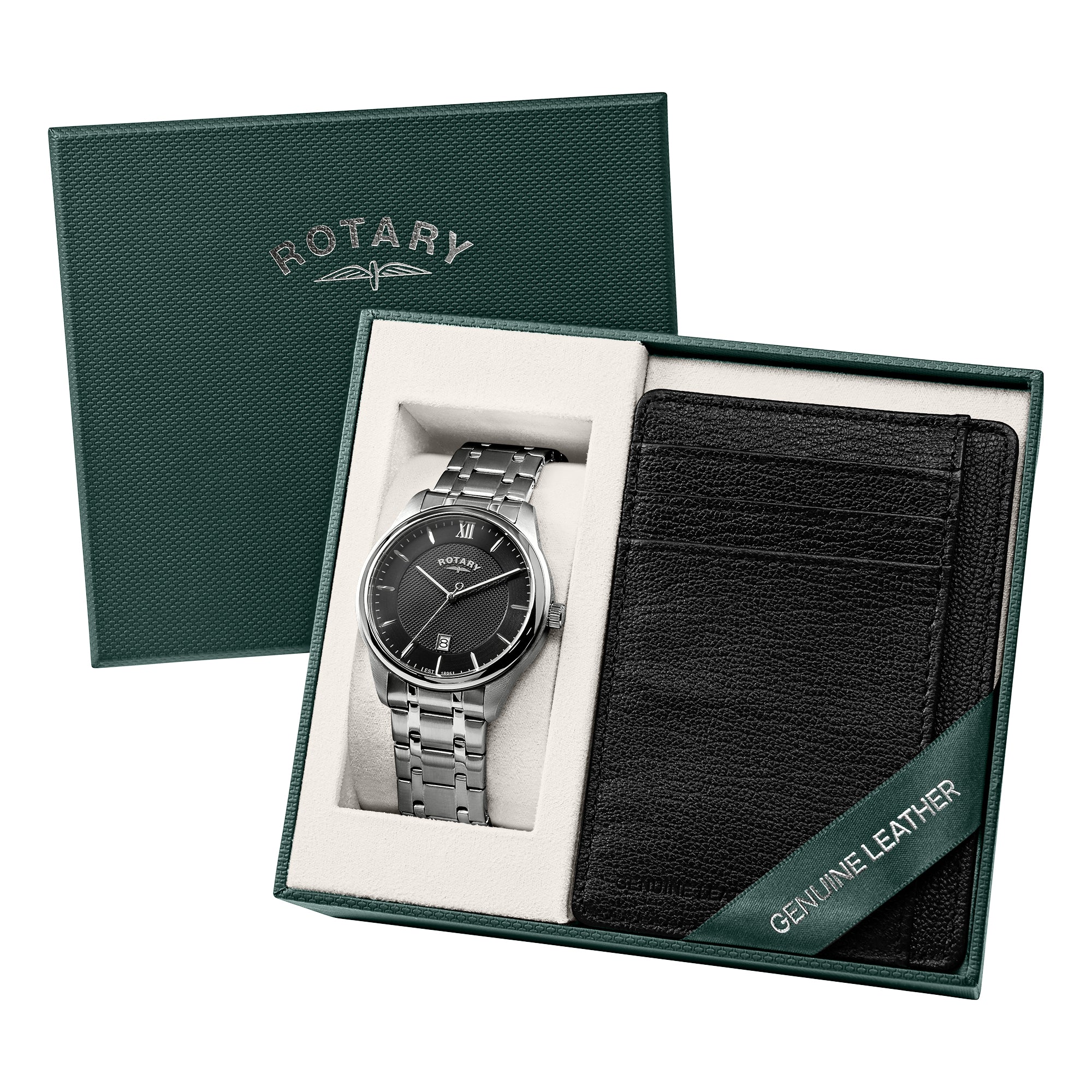 A Rotary men's watch presented in an open dark green gift box with a card holder and a leather strap. The watch has a silver stainless steel case and bracelet with a deep blue dial.