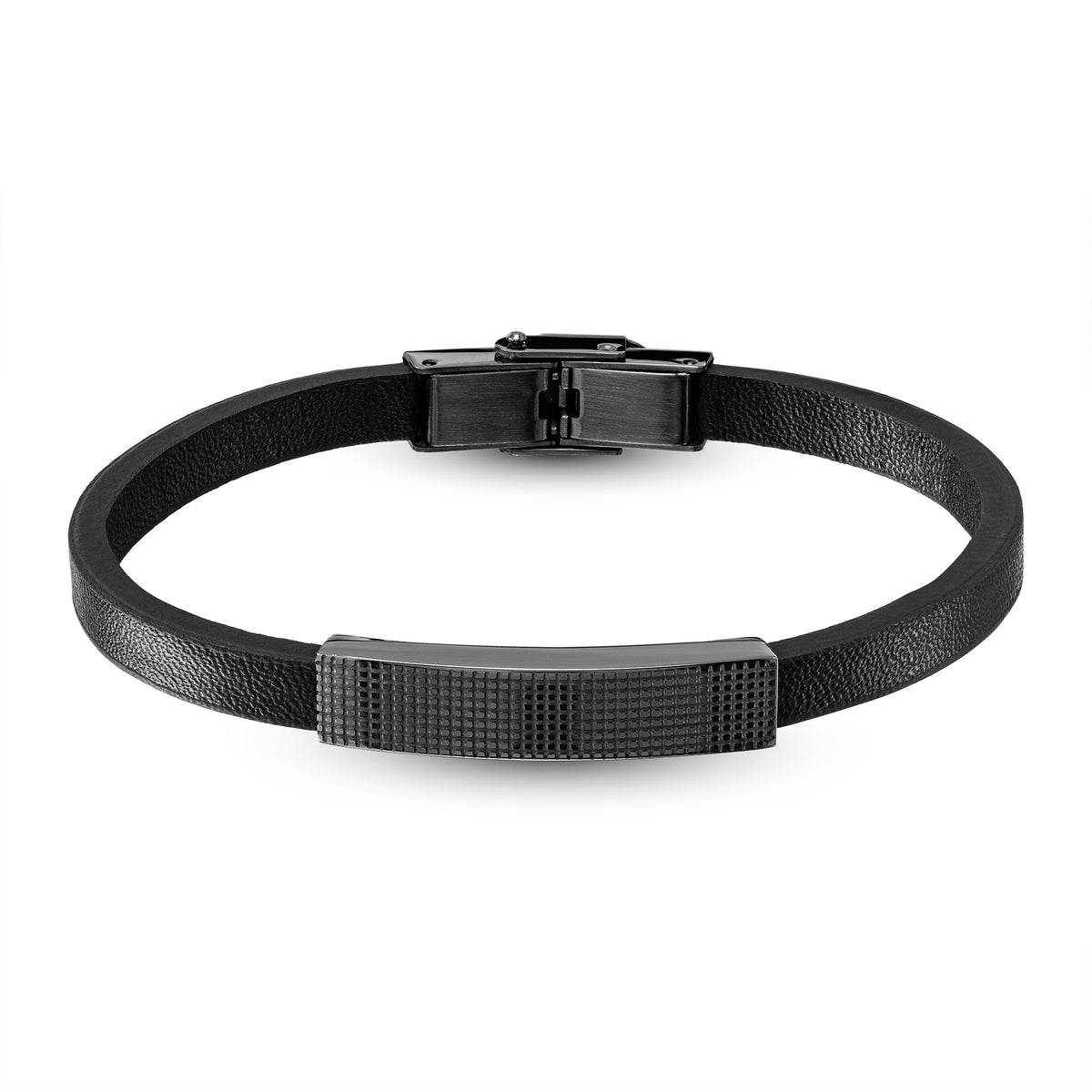 A black leather bracelet with a textured rectangular ID plate and a brushed metal clasp, shown on a plain white background.