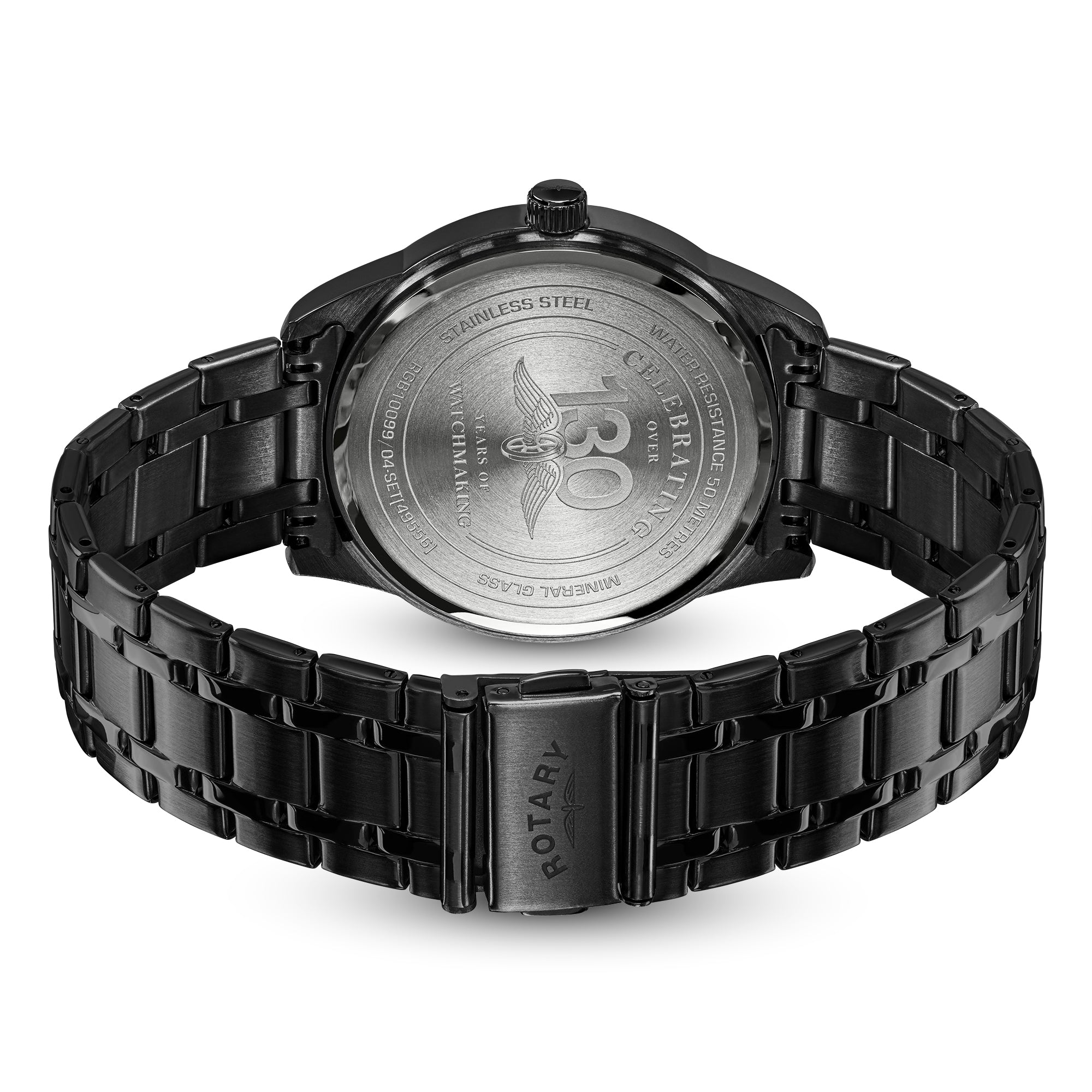 The back view of a black stainless steel Rotary watch with a matching black metal link bracelet, featuring a black case and a silver-toned watch back.