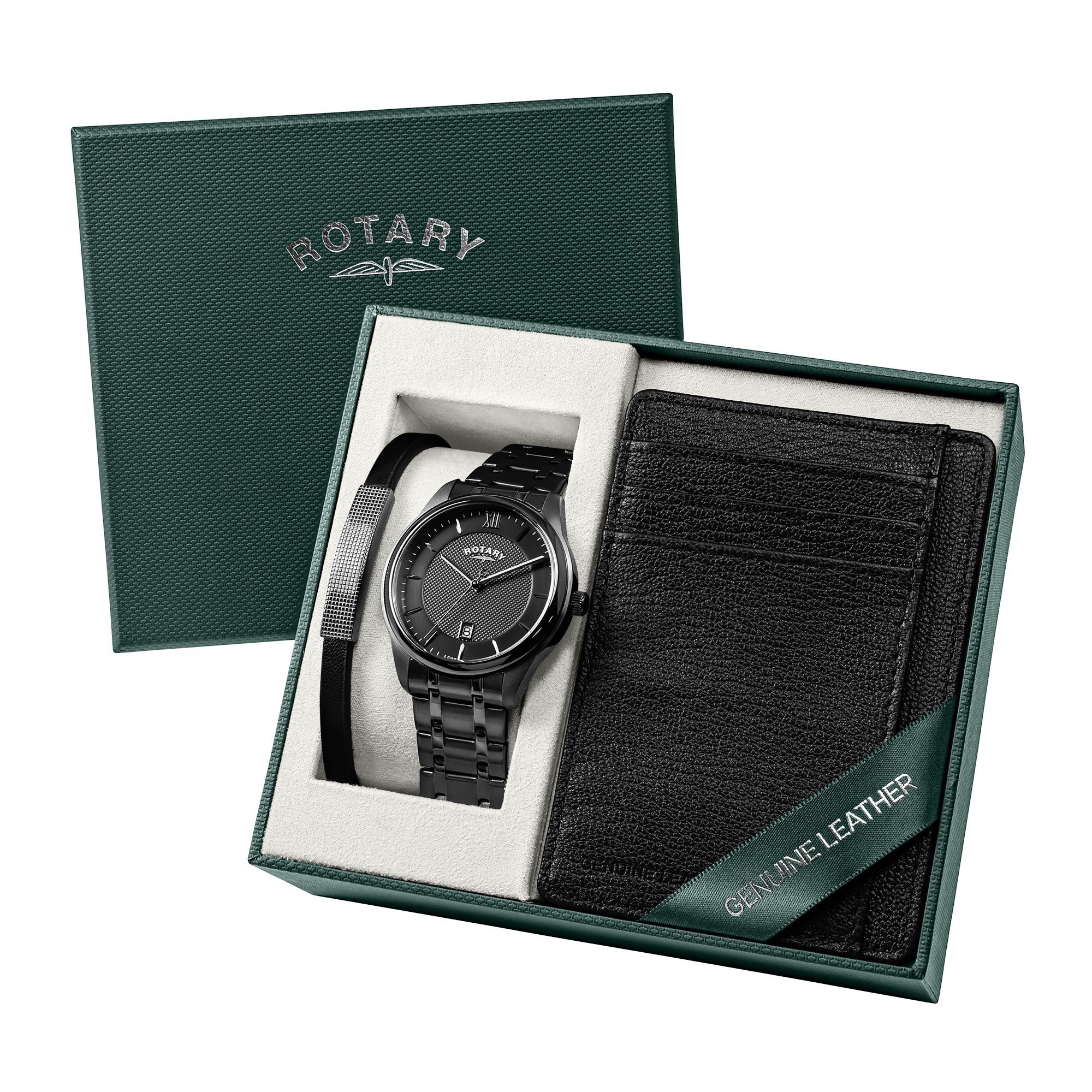A black Rotary men's watch with a black metal bracelet, presented in a dark green gift box with a black leather card holder and a green ribbon that reads 'GENUINE LEATHER'.