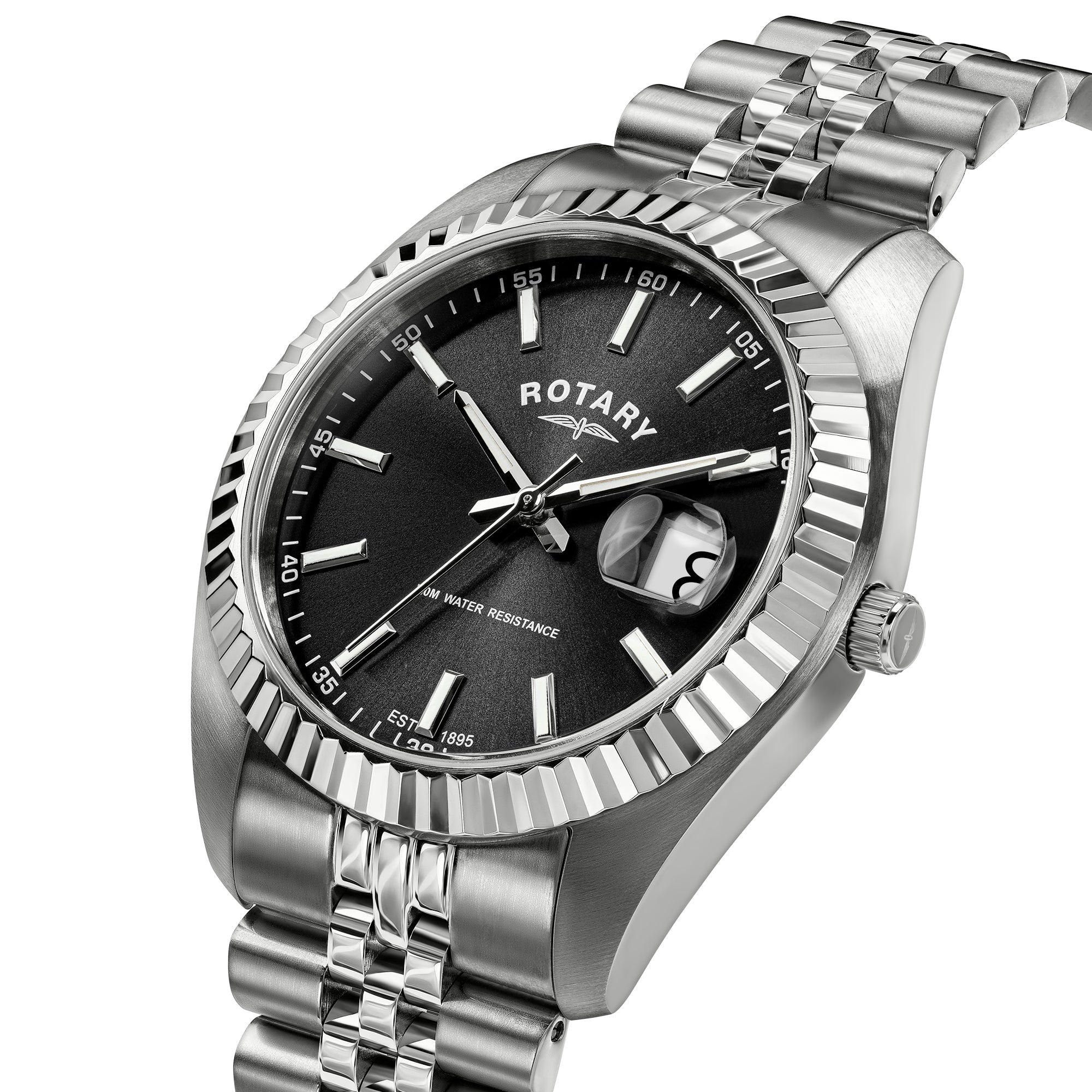 A silver-tone stainless steel Rotary wristwatch with a black dial, fluted bezel, and integrated link bracelet, featuring a date window and the Rotary brand name on the dial.