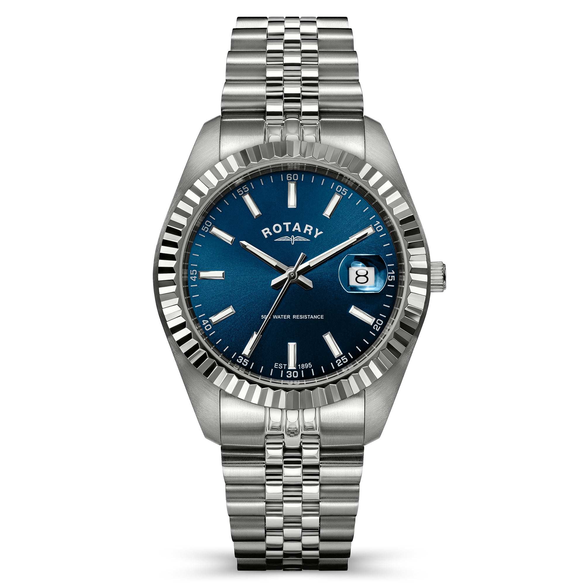 A silver-tone stainless steel Rotary wristwatch with a blue dial, fluted bezel, and matching steel link bracelet, shown on a clean white background.
