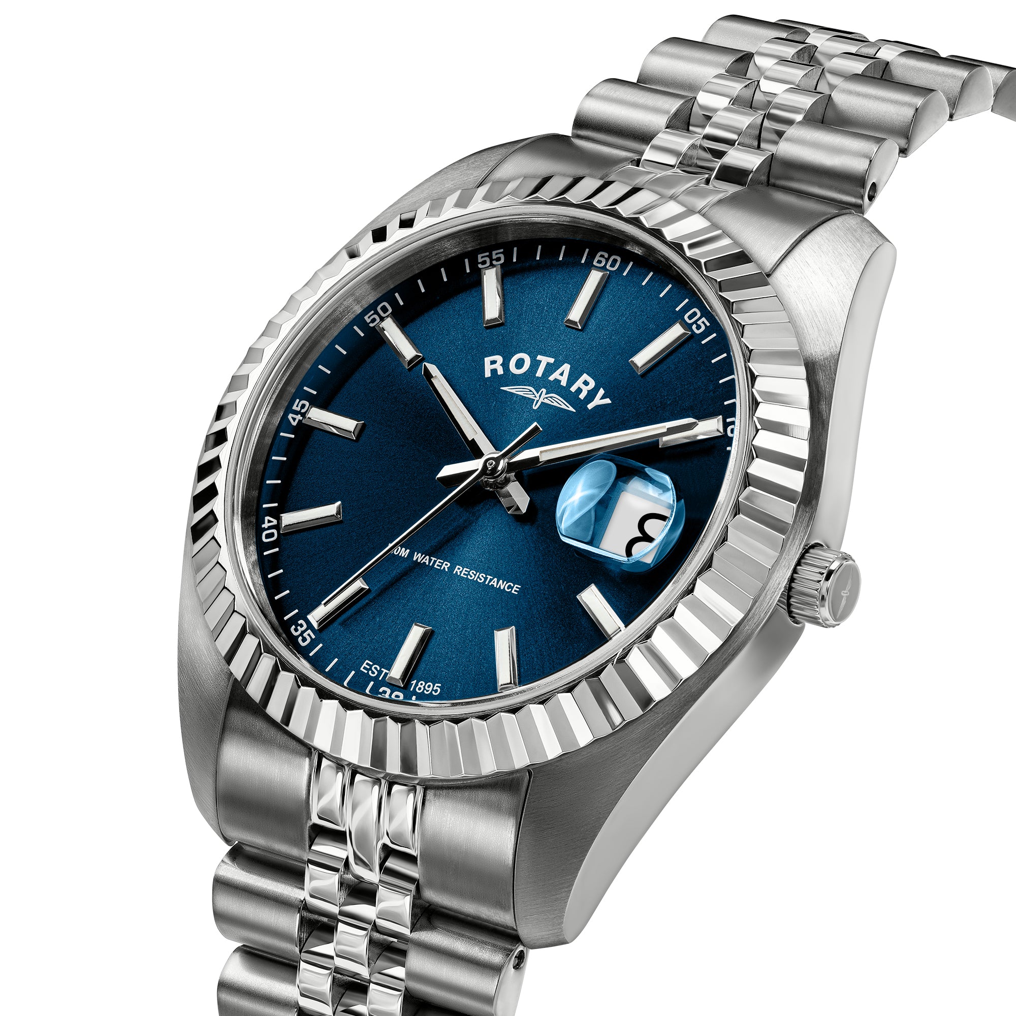 A silver stainless steel Rotary wristwatch with a blue sunburst dial, fluted bezel, and matching steel link bracelet, shown on a white background.