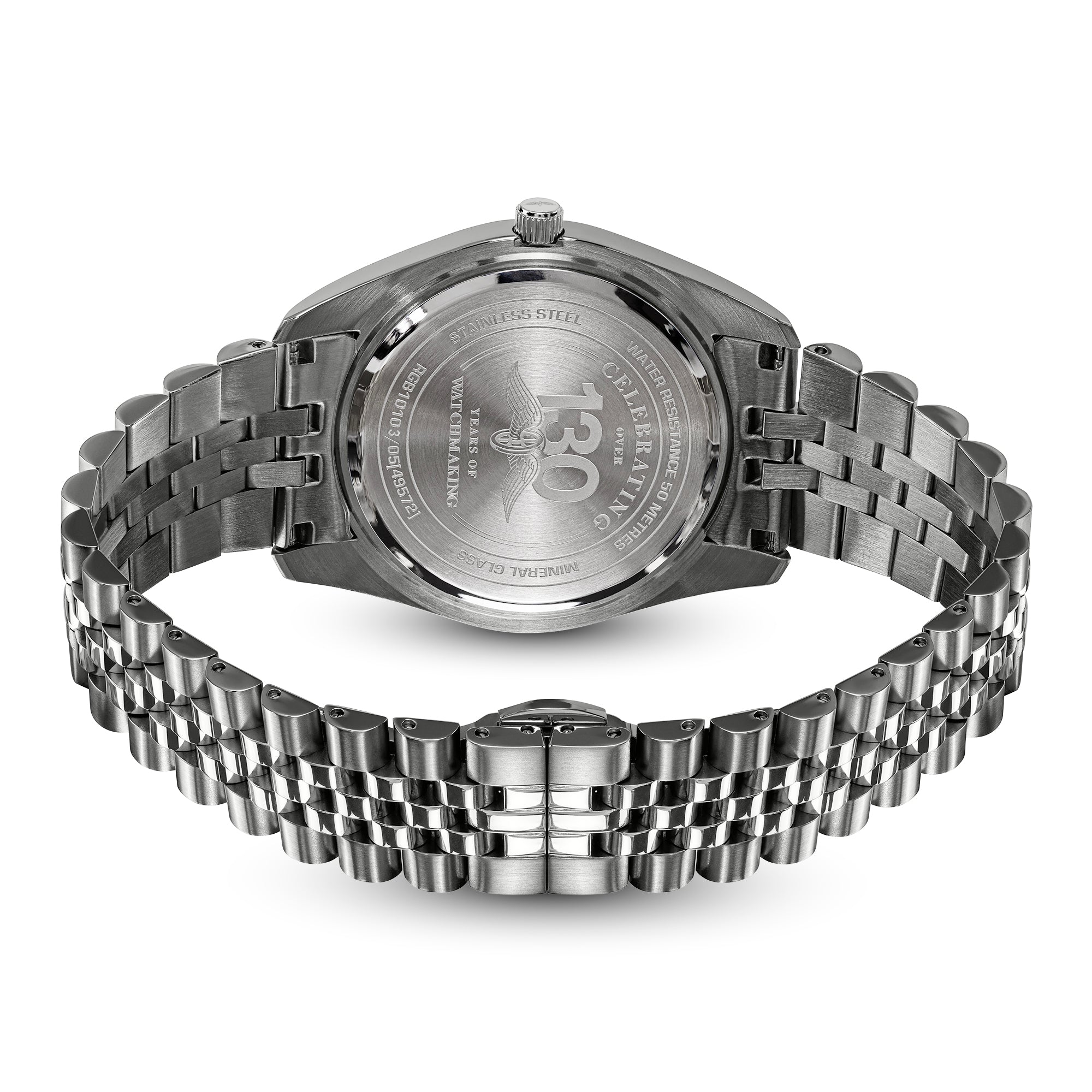 Silver stainless steel Rotary watch with a metal link bracelet, shown from the back to display the engraved case back featuring the brand name 'ROTARY'