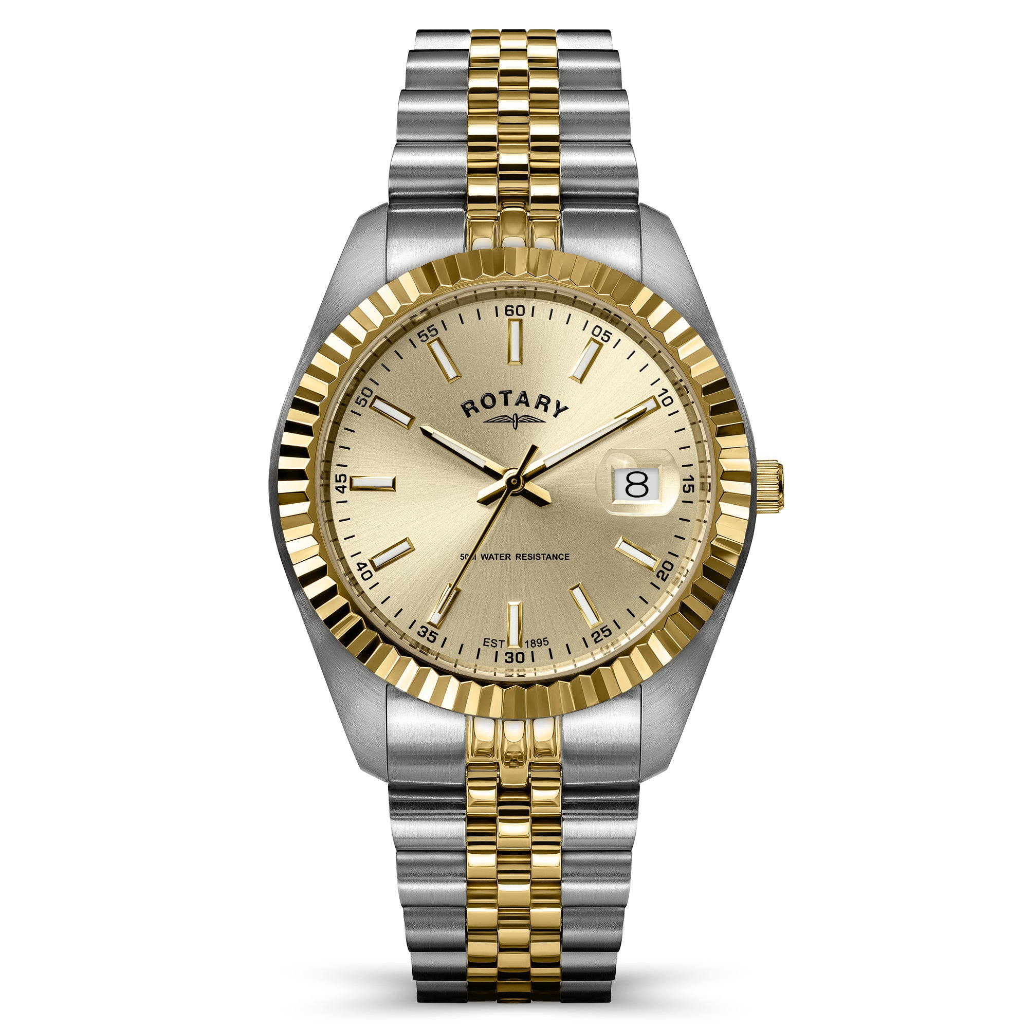 A two-tone stainless steel and gold Rotary watch with a fluted bezel, gold dial, and matching two-tone link bracelet, shown on a white background.