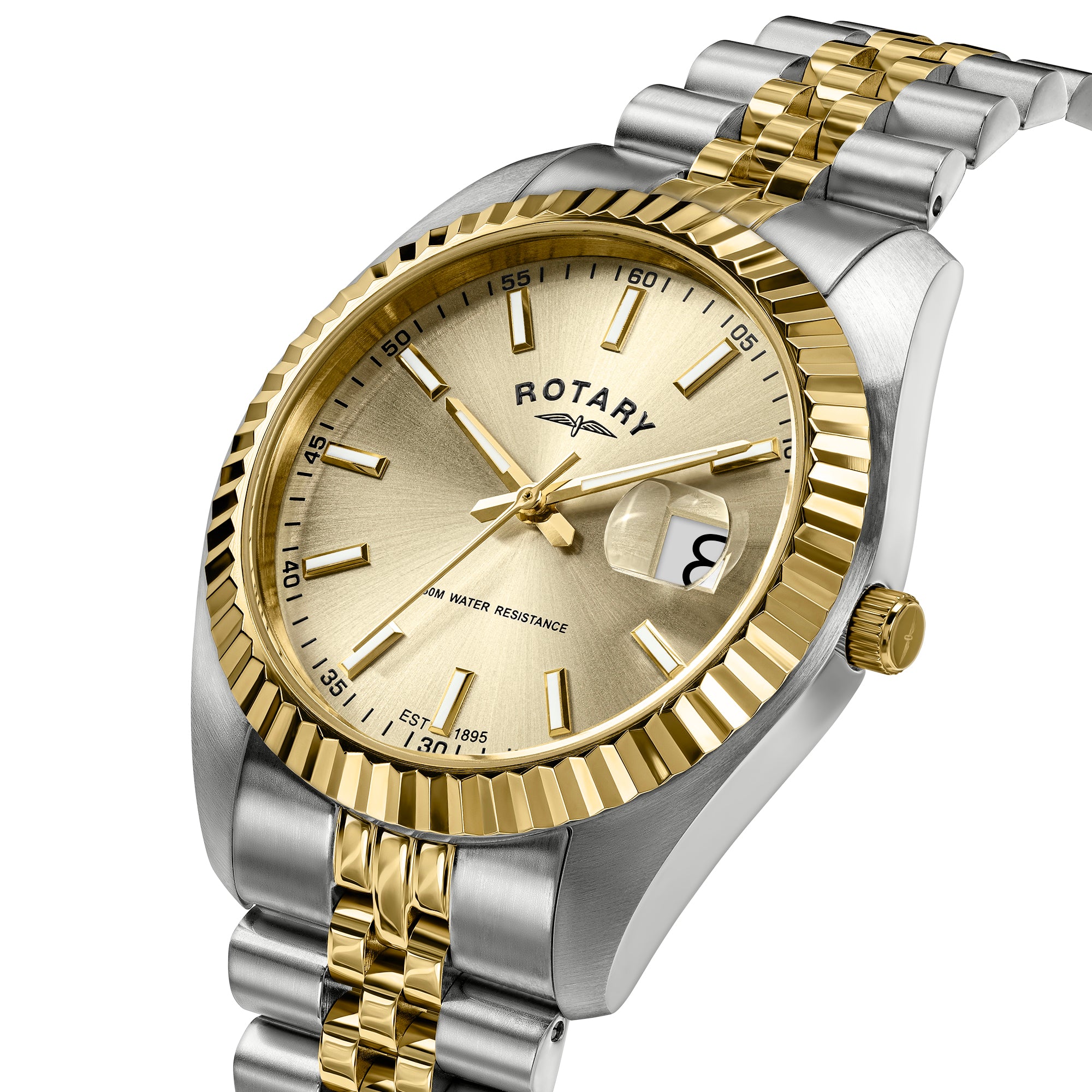 A two-tone stainless steel and gold Rotary wristwatch with a fluted gold bezel, champagne dial, and gold-and-stainless link bracelet, shown on a white background.