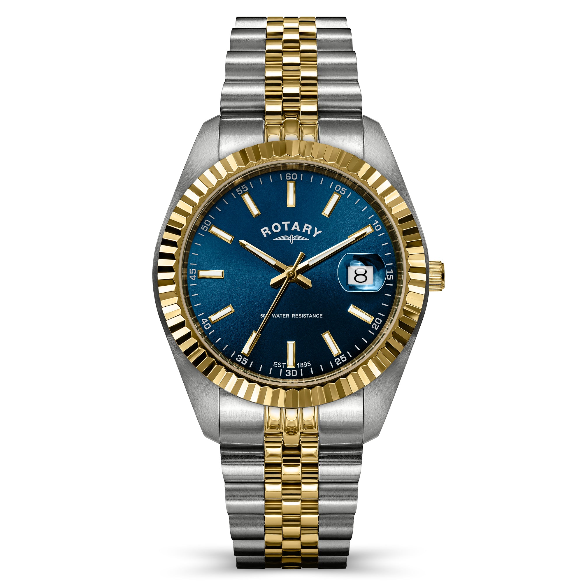 A two-tone stainless steel and gold watch by Rotary, featuring a blue dial, gold-tone fluted bezel, and a matching two-tone link bracelet on a white background.