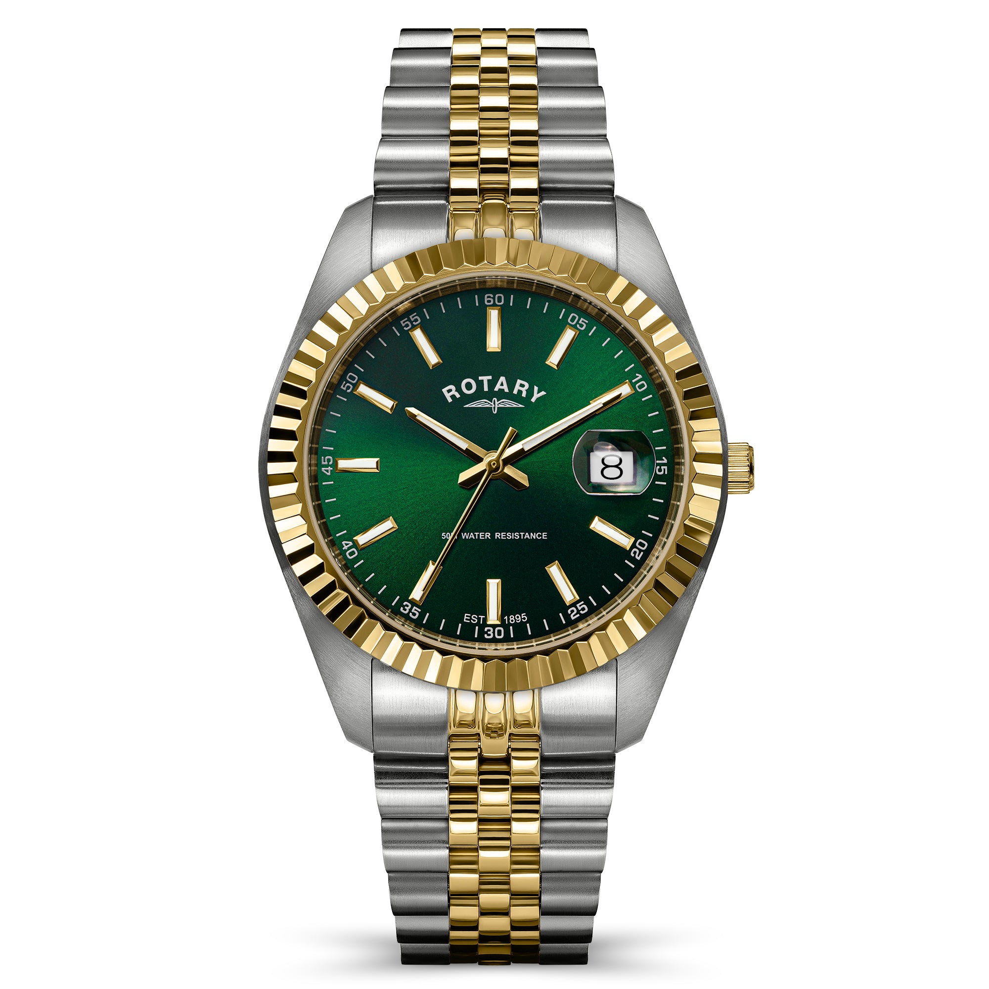 A Rotary Dress Date watch with a green dial, gold-tone and silver-tone two-tone stainless steel case and bracelet, and a fluted bezel, shown on a white background.