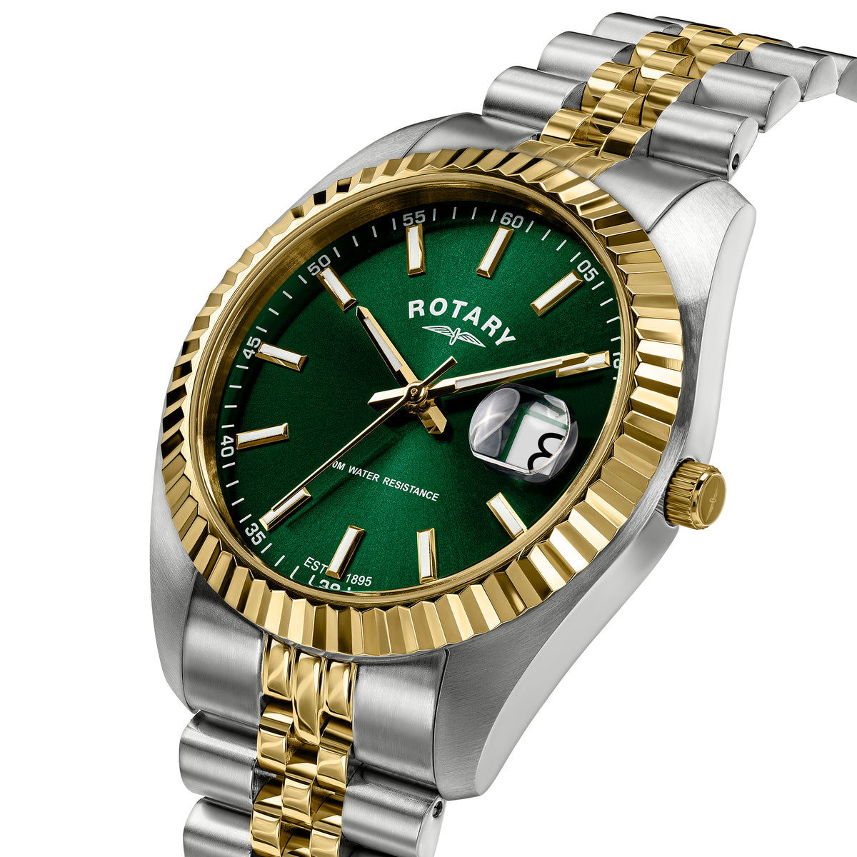 A two-tone stainless steel and gold Rotary wristwatch with a green dial, fluted bezel, and date window, shown on a white background.