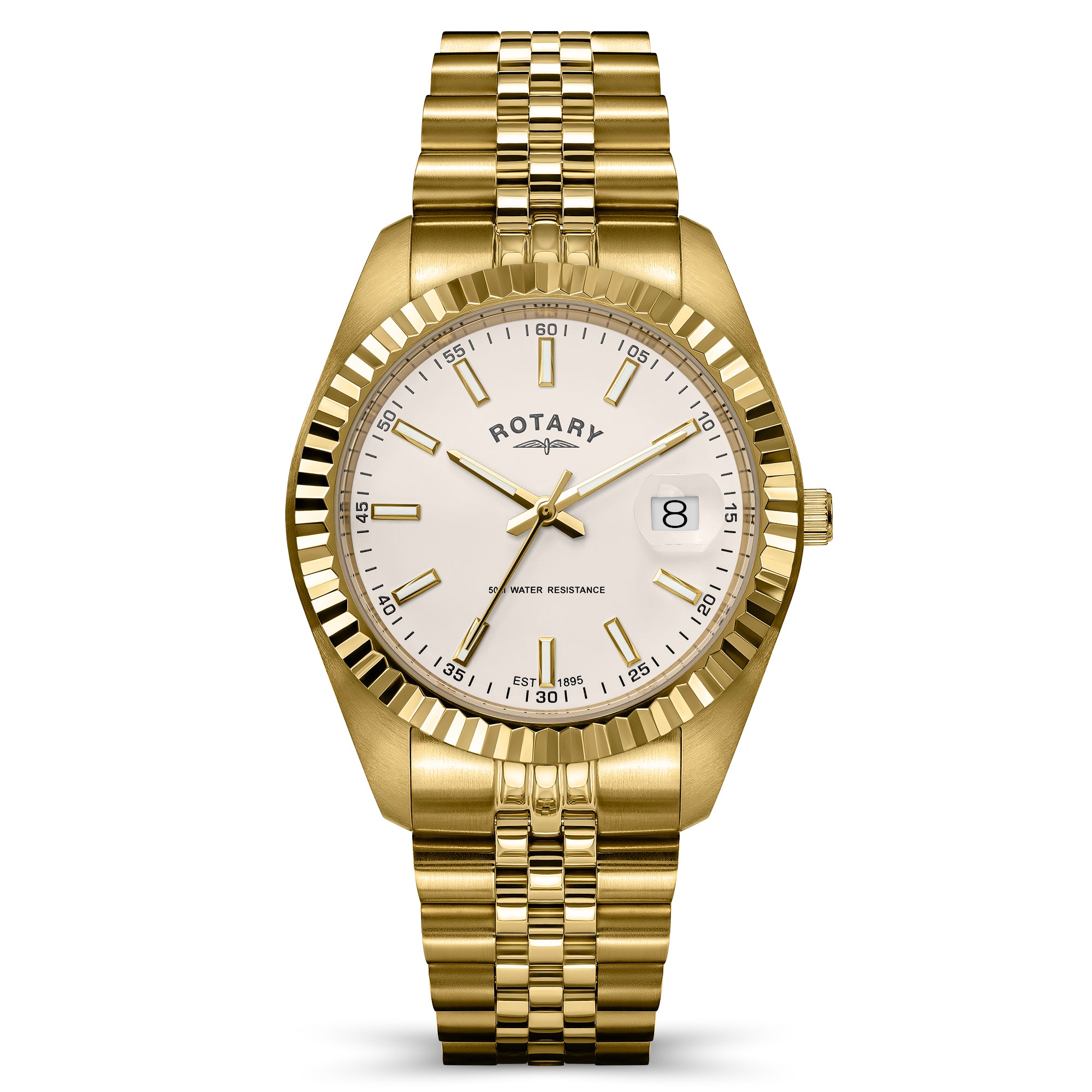 A luxury gold-tone Rotary wristwatch with a fluted bezel, gold-tone Jubilee bracelet, and a white dial with gold hands and markers. The brand 'ROTARY' is clearly visible on the dial.