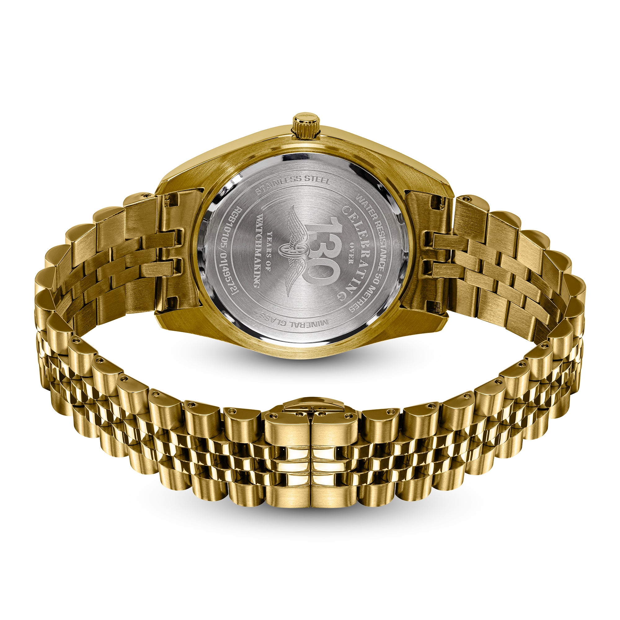 Gold-tone stainless steel Rotary watch with a metal link bracelet, shown from the back to reveal a brushed silver case back engraved with a Rotary logo.