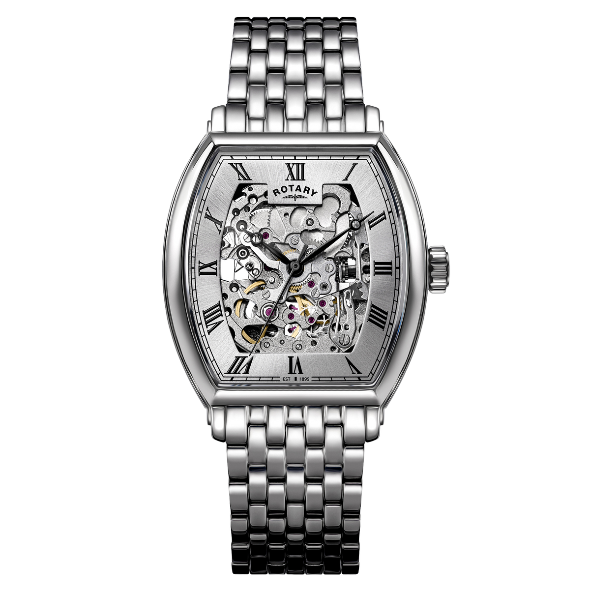 A silver-tone Rotary Greenwich Tonneau skeleton watch with a matching metal link bracelet, featuring Roman numeral hour markers and a visible mechanical movement through the open dial. The brand name 'ROTARY' is printed on the watch face.