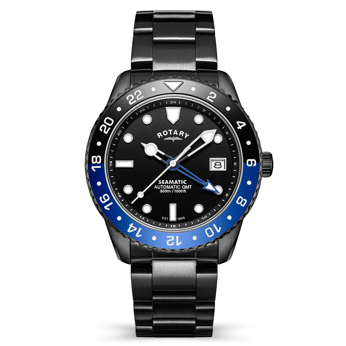 A black PVD stainless steel automatic Rotary Seamatic 300 GMT dive watch with a black dial, blue and black bezel, and a matching black metal link bracelet, shown on a white background.