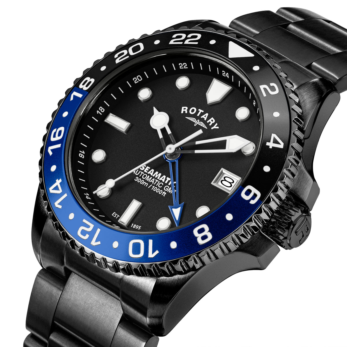A close-up of a Rotary Seamatic automatic watch with a black case, black dial, blue and white bezel, and a black metal link bracelet on a white background.