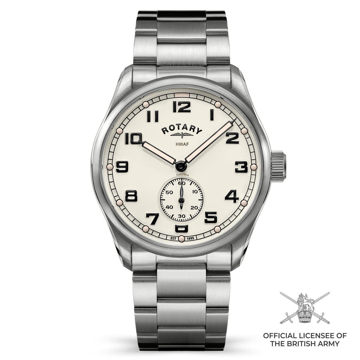 A silver stainless steel Rotary x MoD British Army wristwatch with a white dial, featuring bold black Arabic numerals and a small sub-dial. The watch is shown on a clean white background with an 'Official Licensee of the British Army' emblem in the bottom right corner.