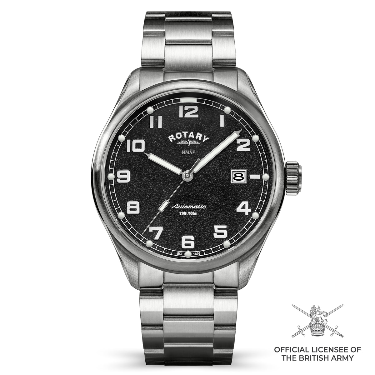 Rotary x MoD British Army Automatic Watch with a black dial and stainless steel case