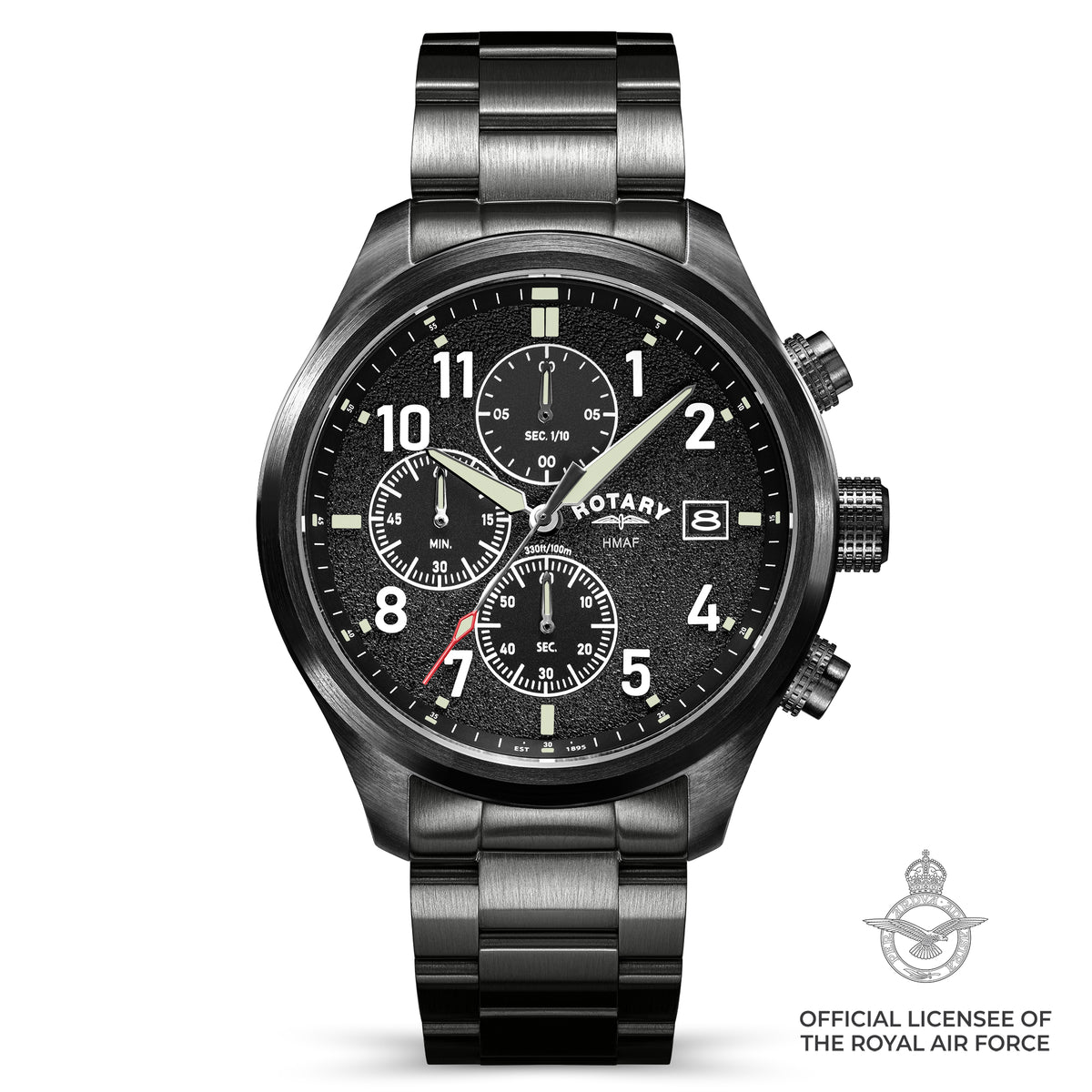A black and gunmetal gray stainless steel chronograph Rotary x MoD Royal Air Force watch, featuring a matching metal link bracelet, a black dial with white Arabic numerals and hands, and a red accent on the seconds hand. The image is set against a plain white background with an official licensee of the Royal Air Force emblem in the bottom right corner.