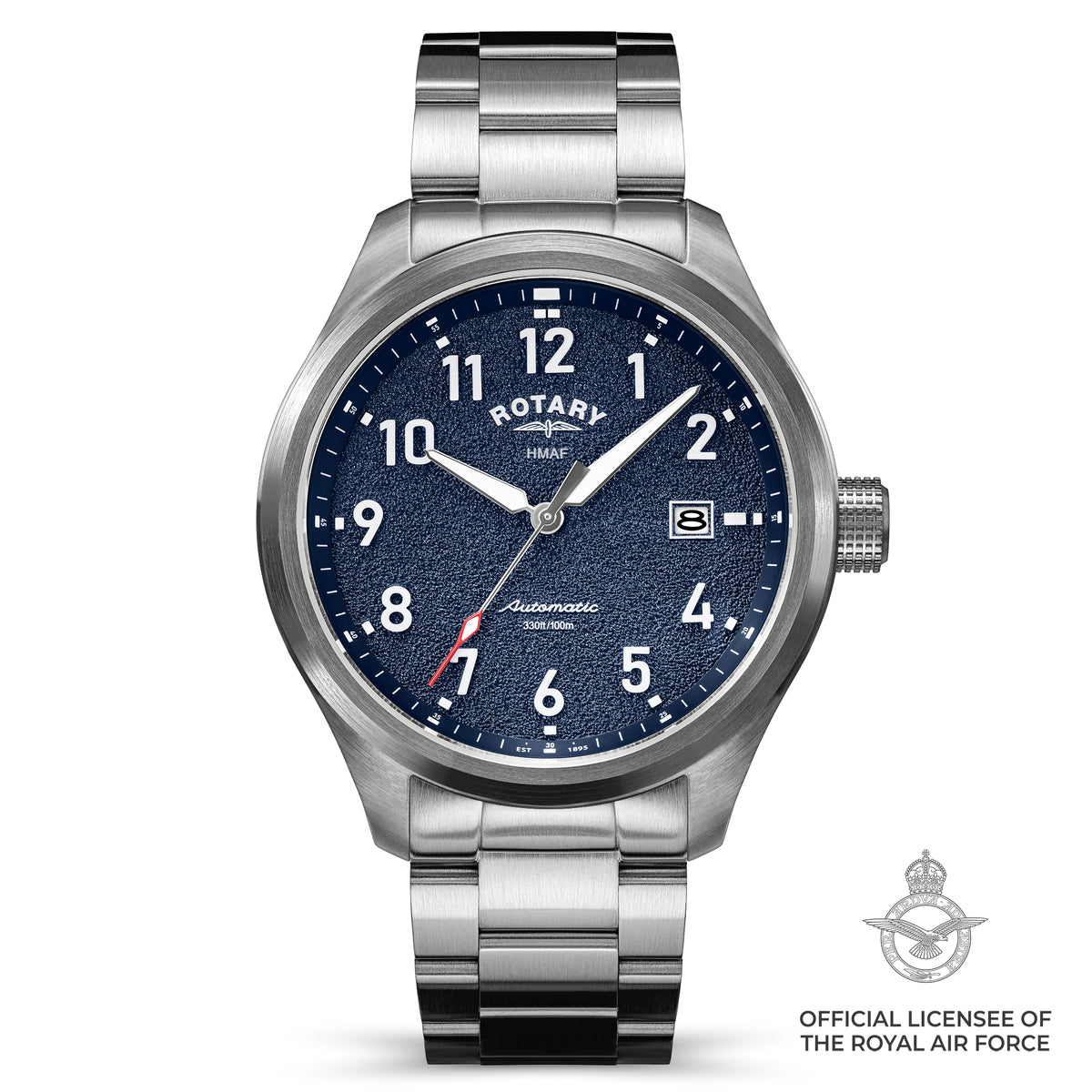 A Rotary x MoD Royal Airforce automatic watch with a stainless steel link bracelet, featuring a textured navy blue dial with white Arabic numerals and a date window. The watch is presented on a clean white background with an official Royal Air Force licensee logo in the bottom right corner.