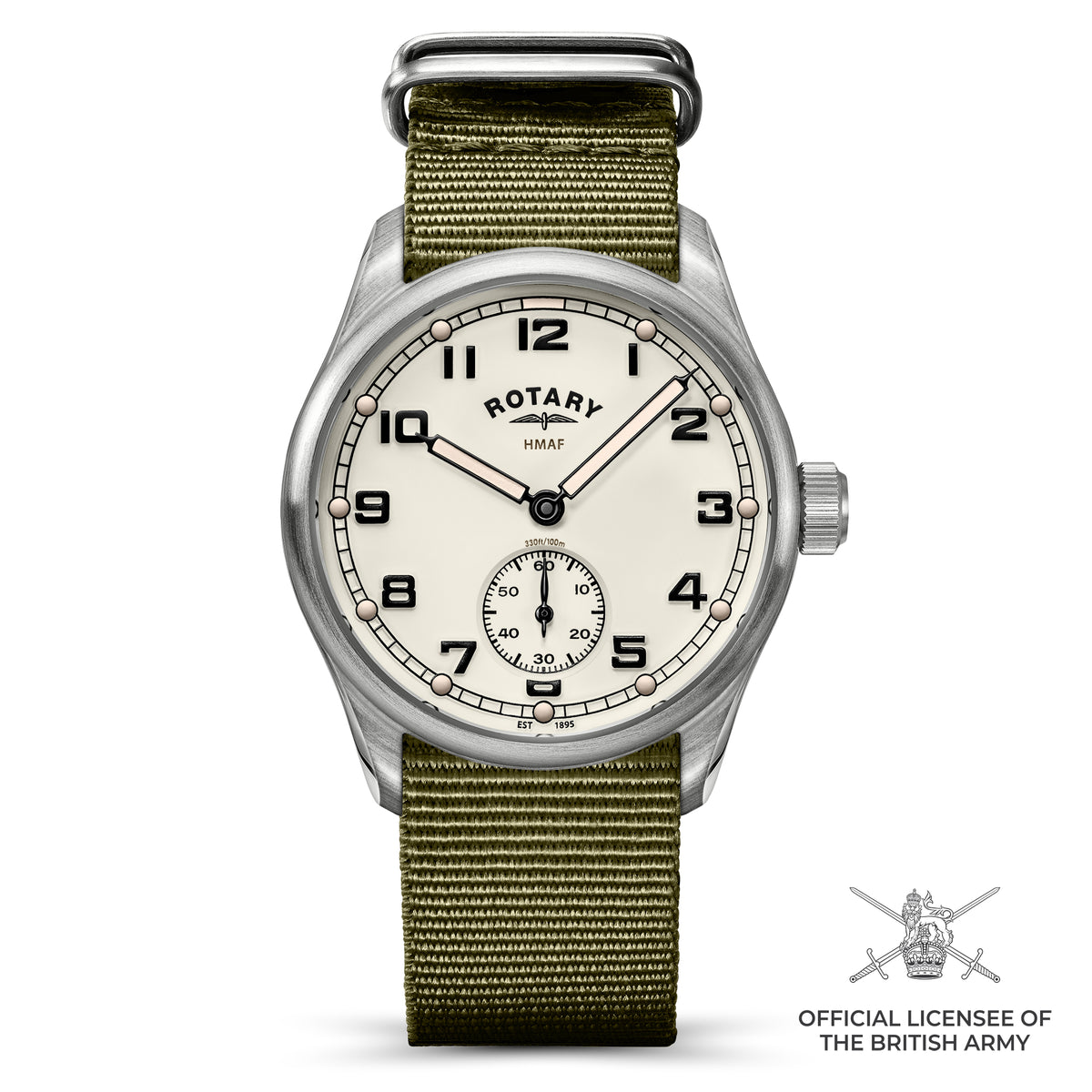A Rotary x MoD HMAF ATP Reissue military-style watch with a silver-toned stainless steel case, cream-colored dial, and olive green nylon strap, shown against a plain white background with an official British Army licensee badge in the bottom right corner.
