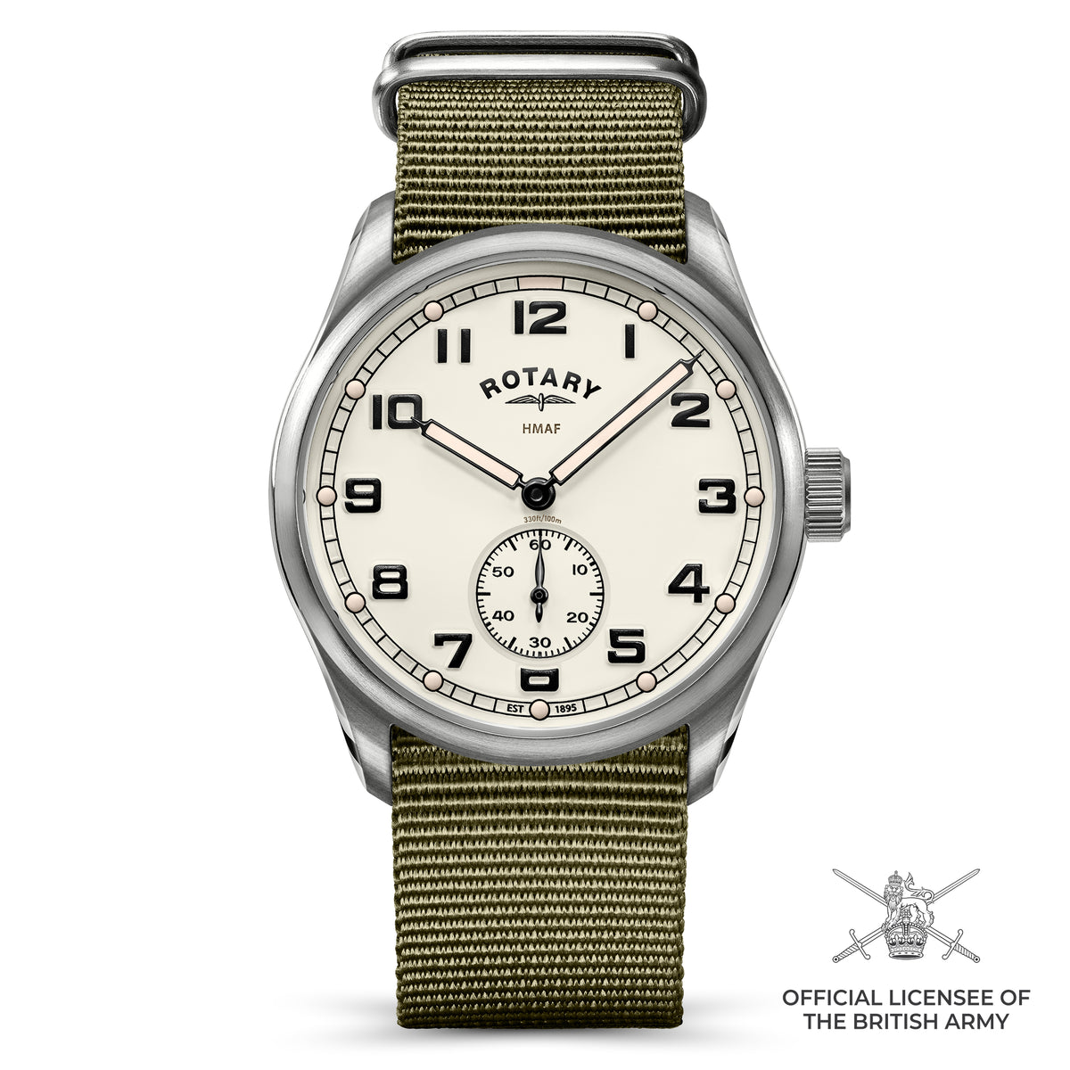 A Rotary x MoD HMAF ATP military watch with a silver-tone stainless steel case, cream dial, and olive green nylon strap, shown on a white background with an official licensee badge in the bottom right corner.