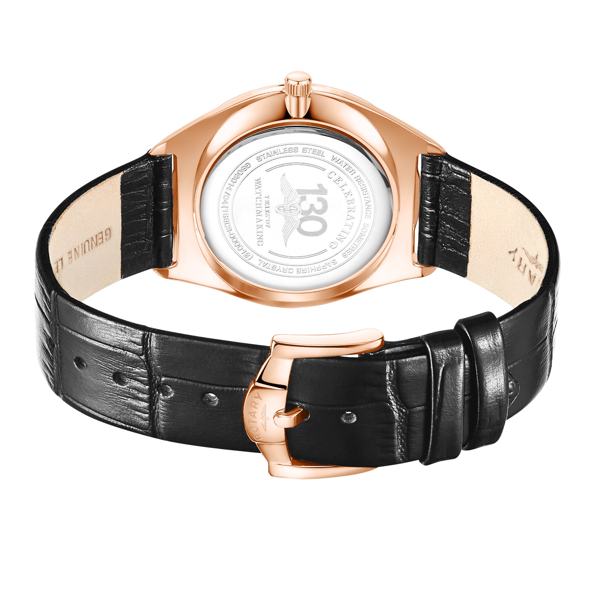 Rose gold Rotary watch with black leather strap on a white background