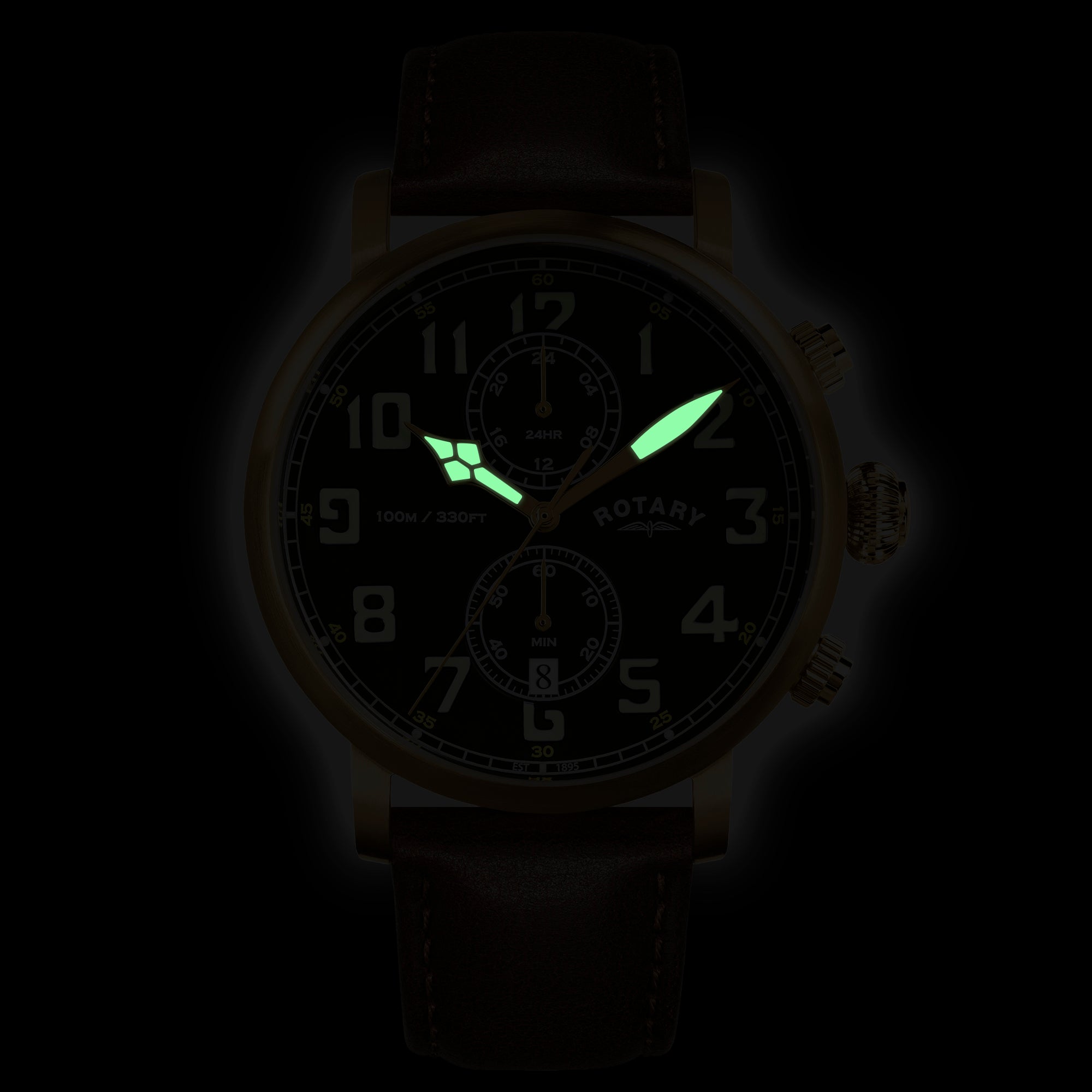 Rotary Apex100 Pilot Watch with glowing green hands on a dark background