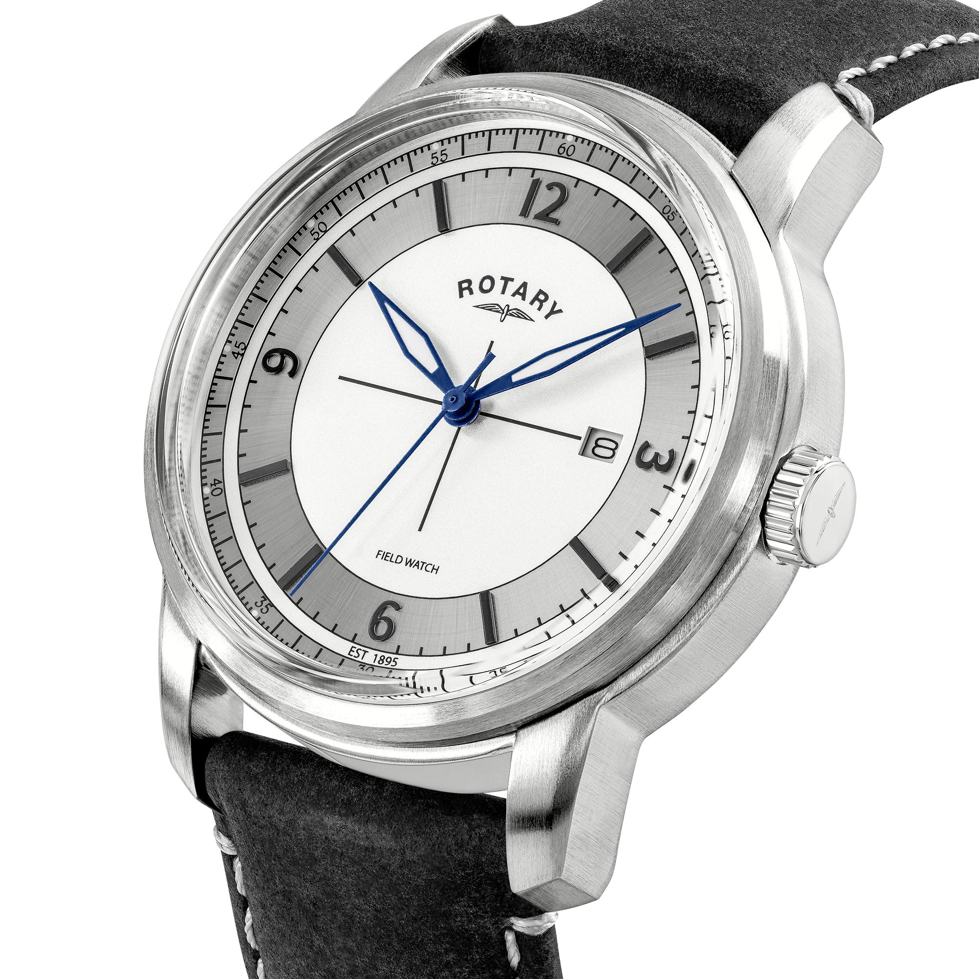 Mens Rotary Field watch with black strap and silver case on a white background