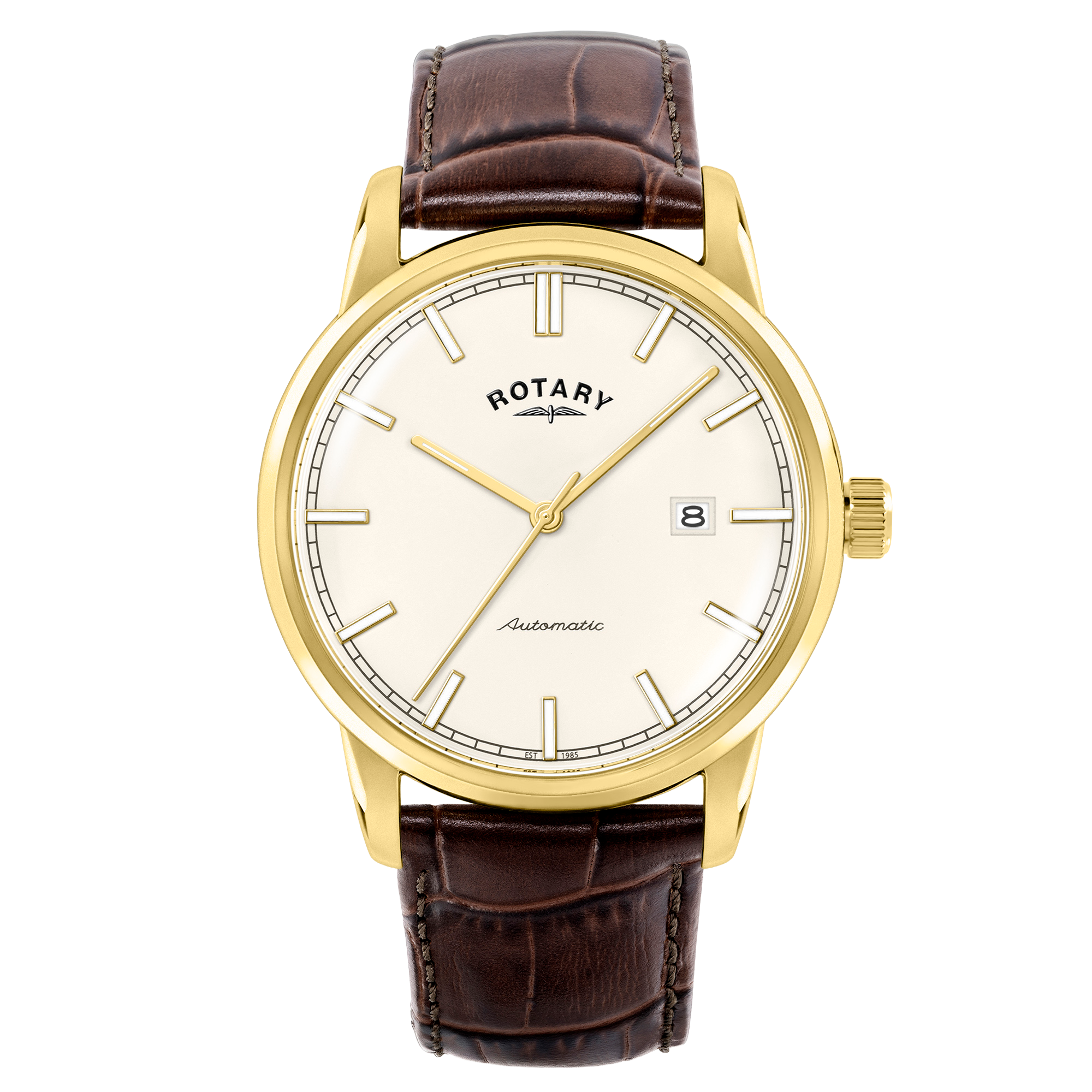 Rotary Heritage Automatic watch with gold case and brown leather strap on a white background