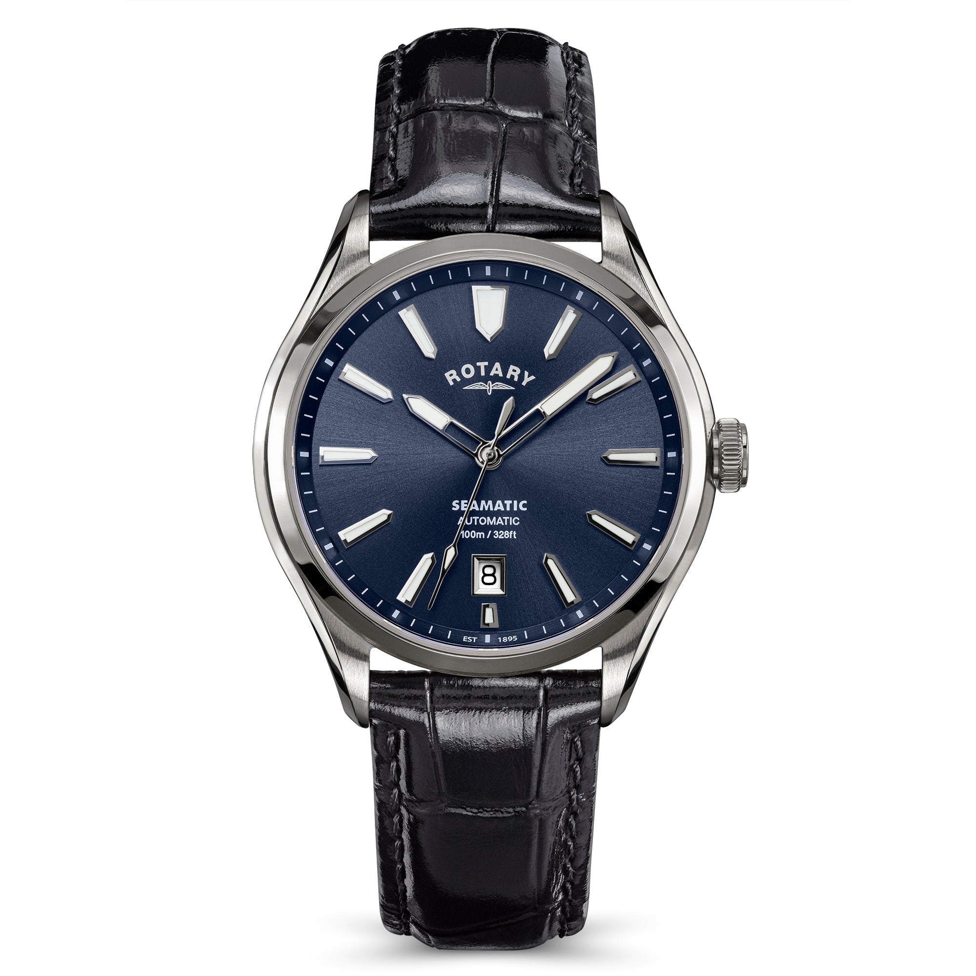 Rotary Seamatic 100 automatic watch with blue dial and black leather strap on a white background