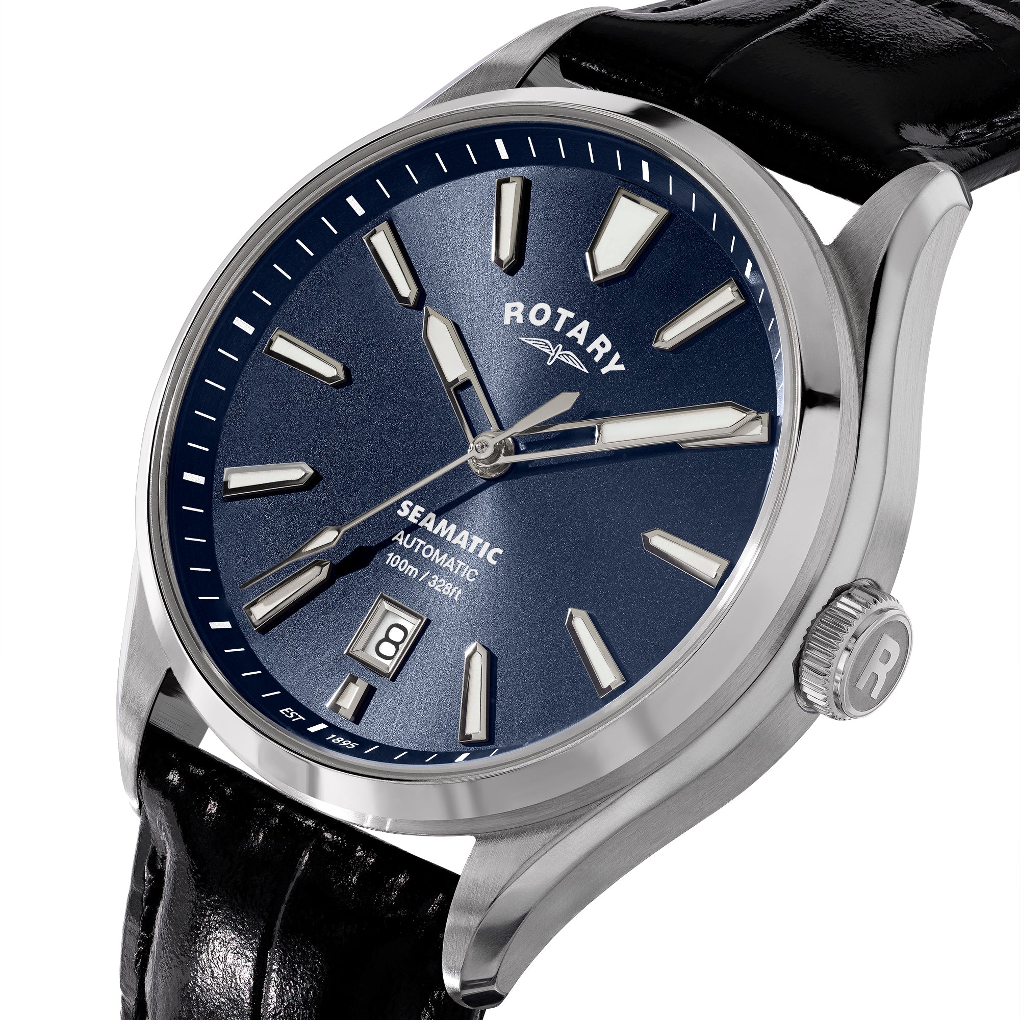 Rotary Seamatic 100 watch with blue dial and black leather strap on a white background