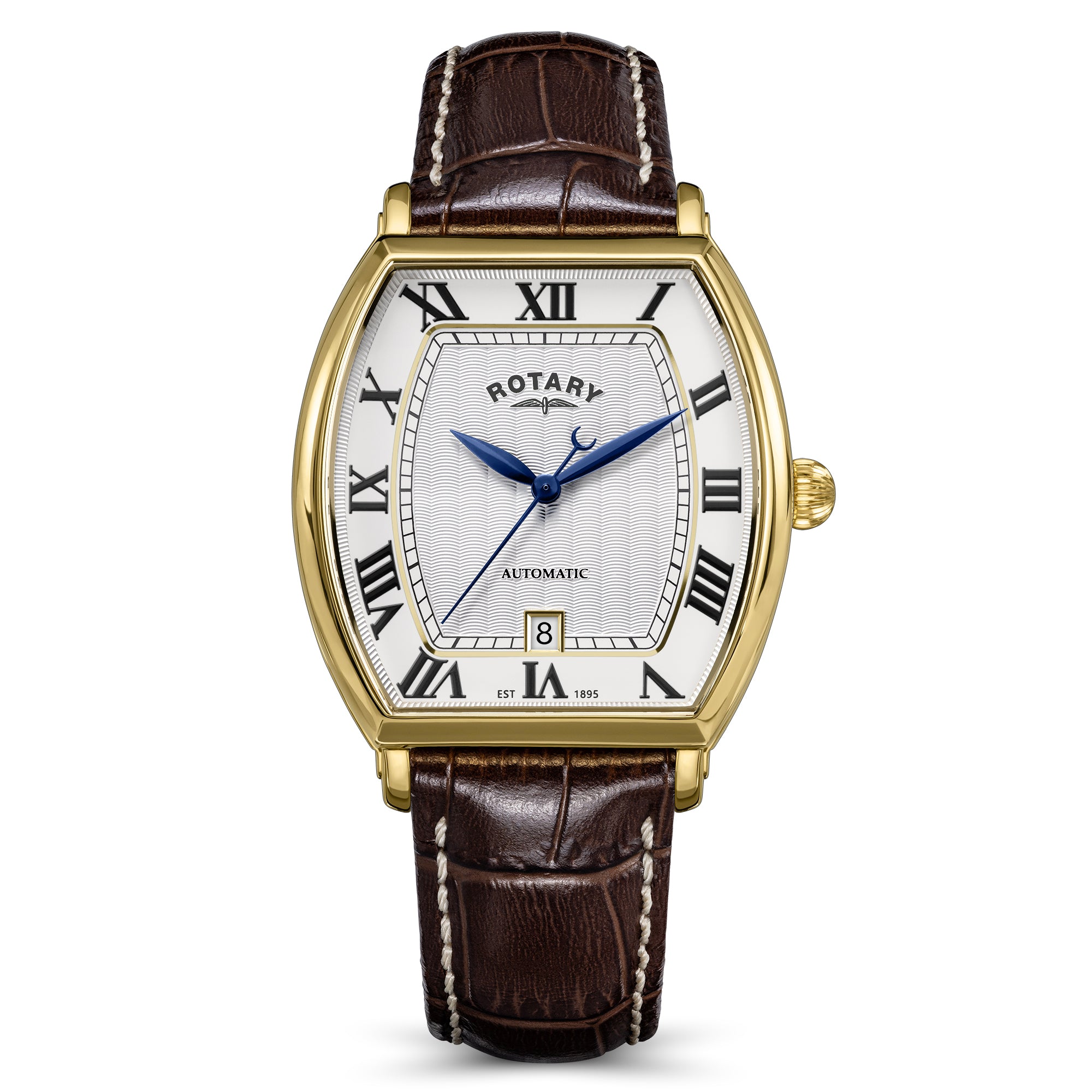 Gold rotary 1895 automatic tonneau watch with brown leather strap and gold case on white background