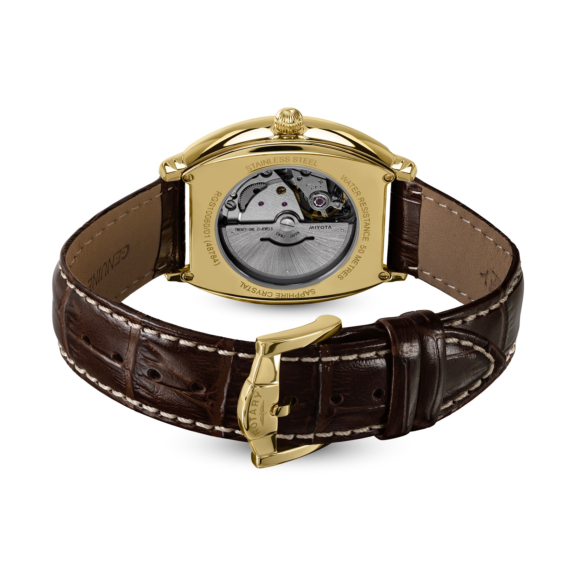 Gold rotary 1895 automatic tonneau watch with brown leather strap on a white background