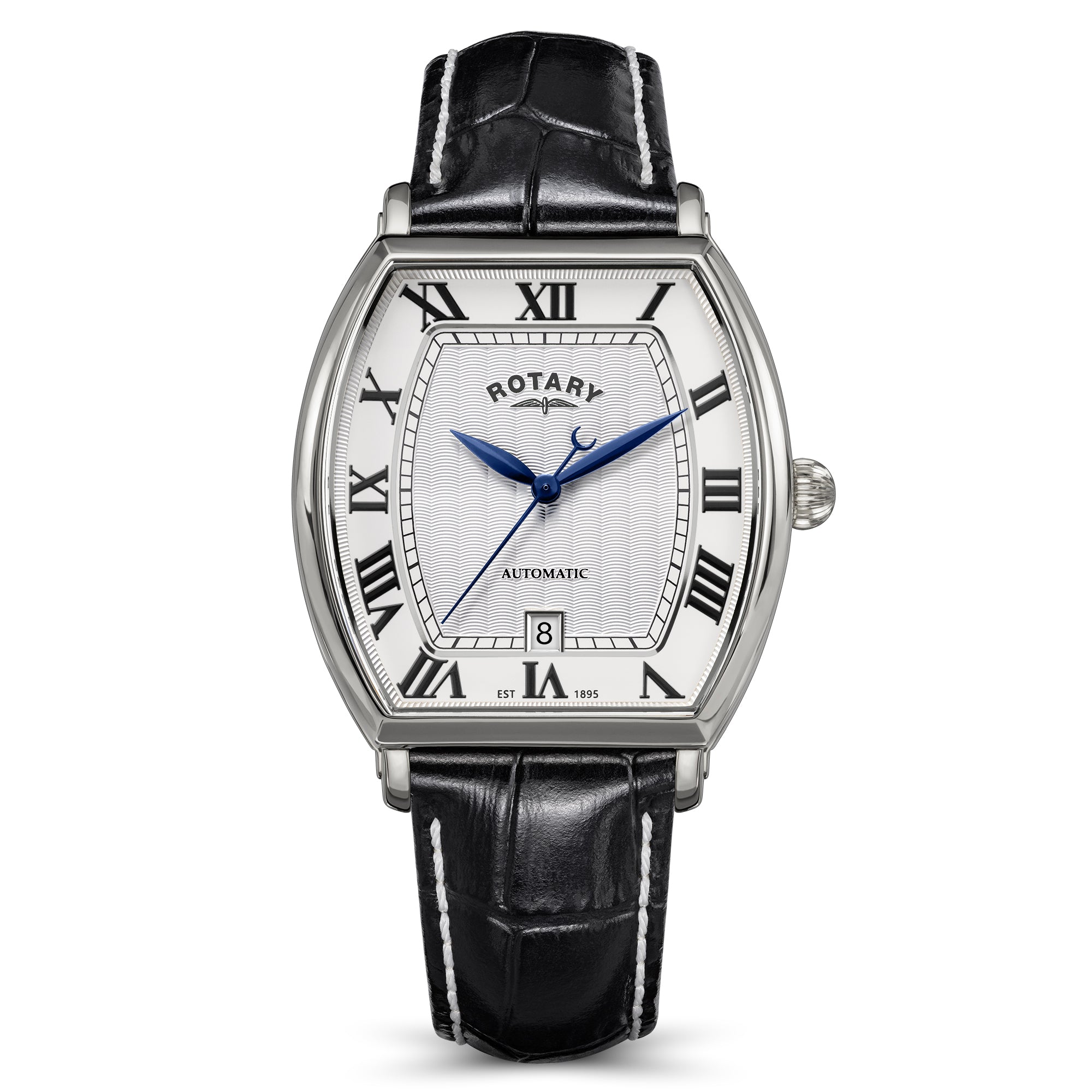 Rotary 1895 Tonneau watch with black leather strap and white face on a white background