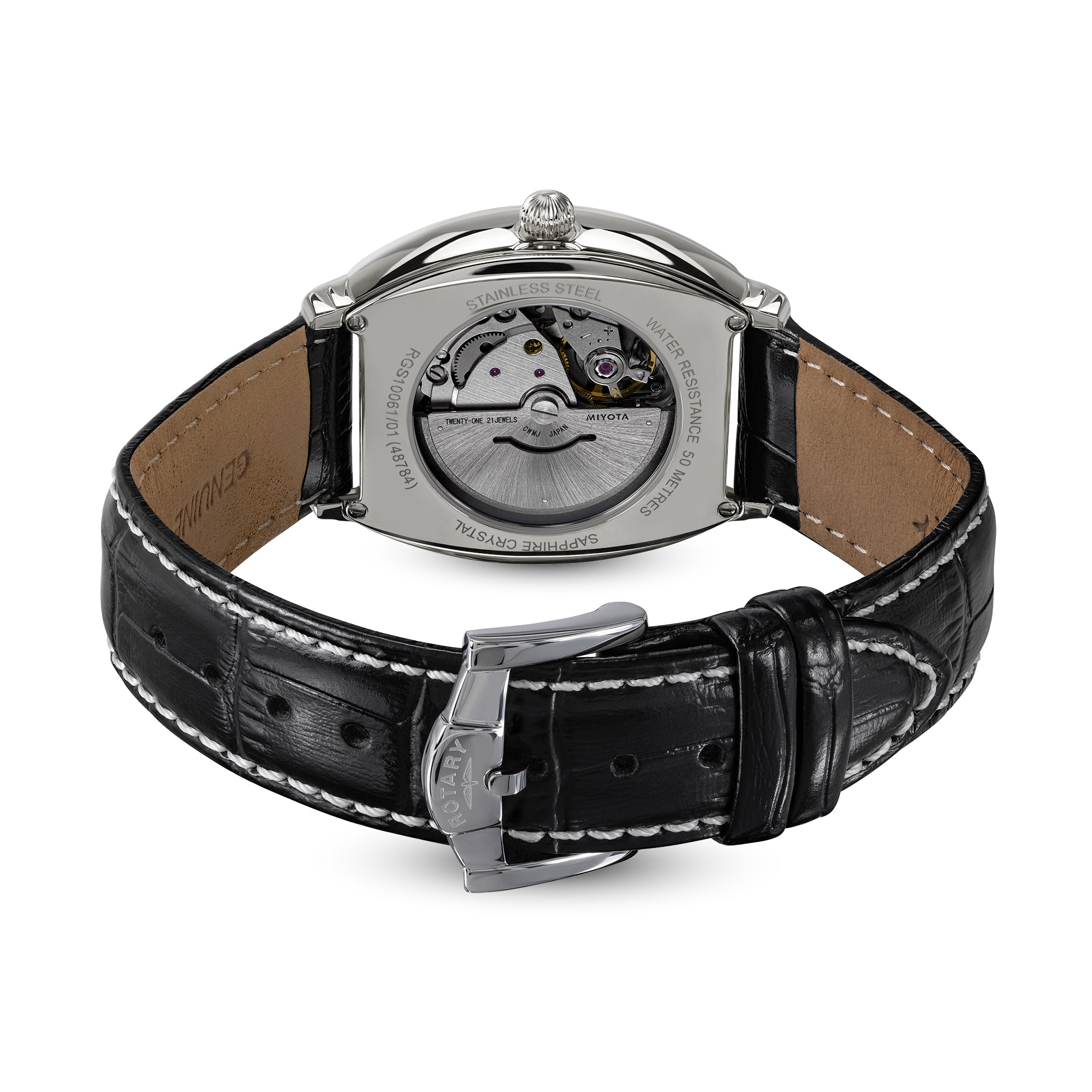 Rotary 1895 Tonneau watch with black leather strap and visible mechanical components on a white background