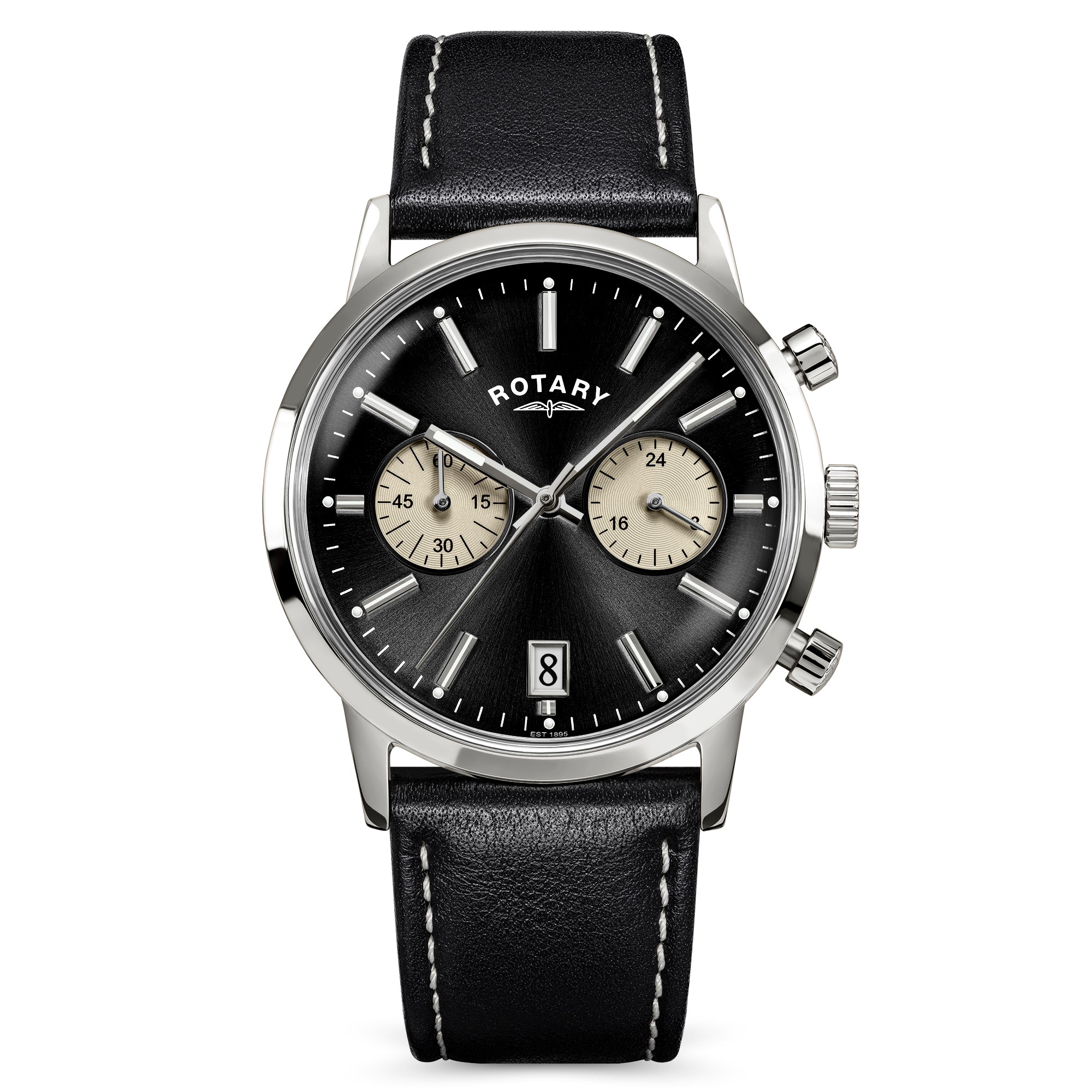 Rotary Rotary 1895 Chronograph watch with black leather strap and black dial on a white background