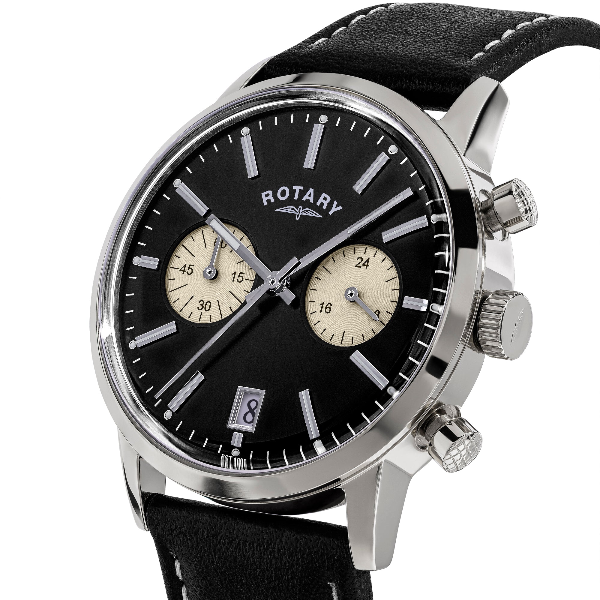 Rotary Rotary 1895 Chronograph watch with black face and leather strap on a white background