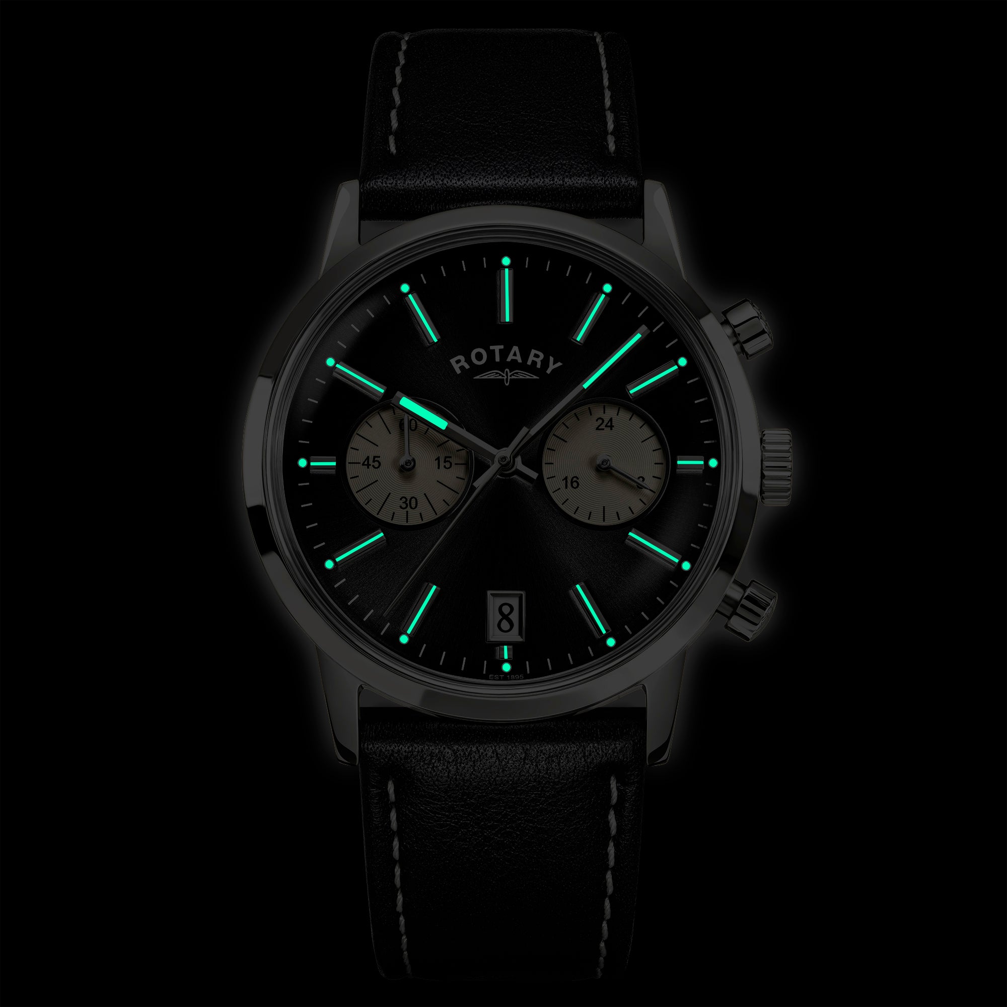 Rotary Heritage Chronograph wristwatch with glowing green details on a black background