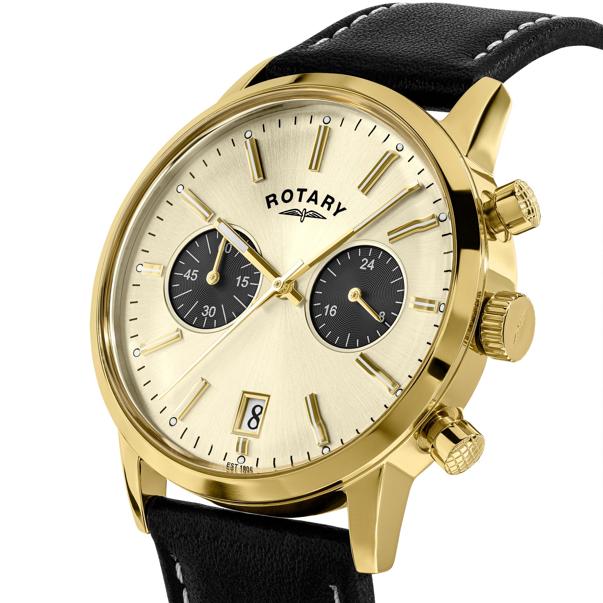 Gold Rotary 1895 Chronograph wristwatch with black strap and detailed face on a white background