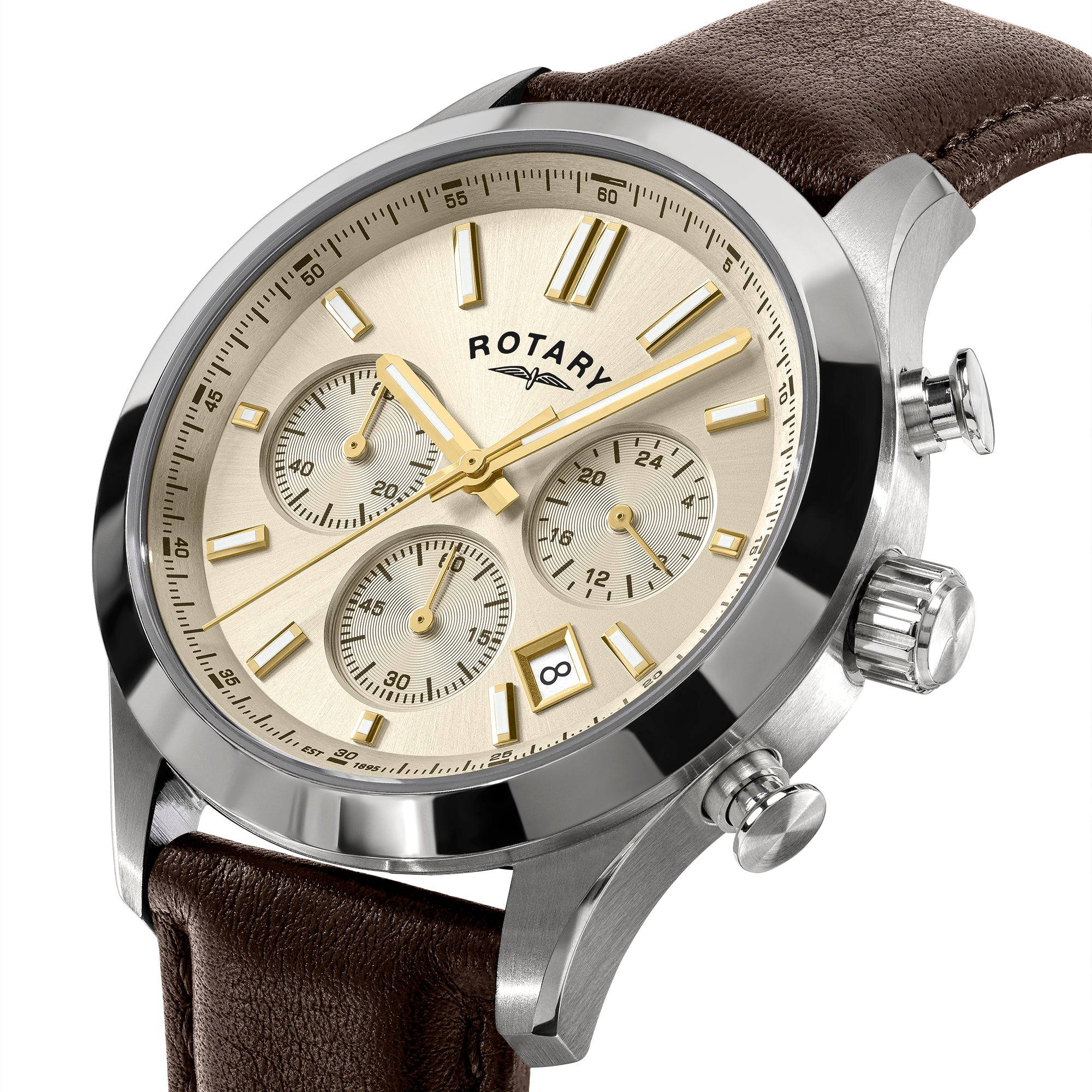 Rotary watch with brown leather strap and beige dial on a white background