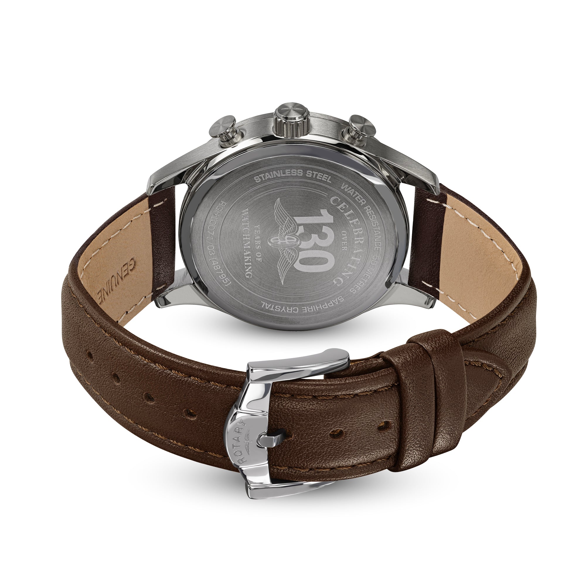 Rotary Heritage Chronograph watch with brown leather strap and silver case on a white background