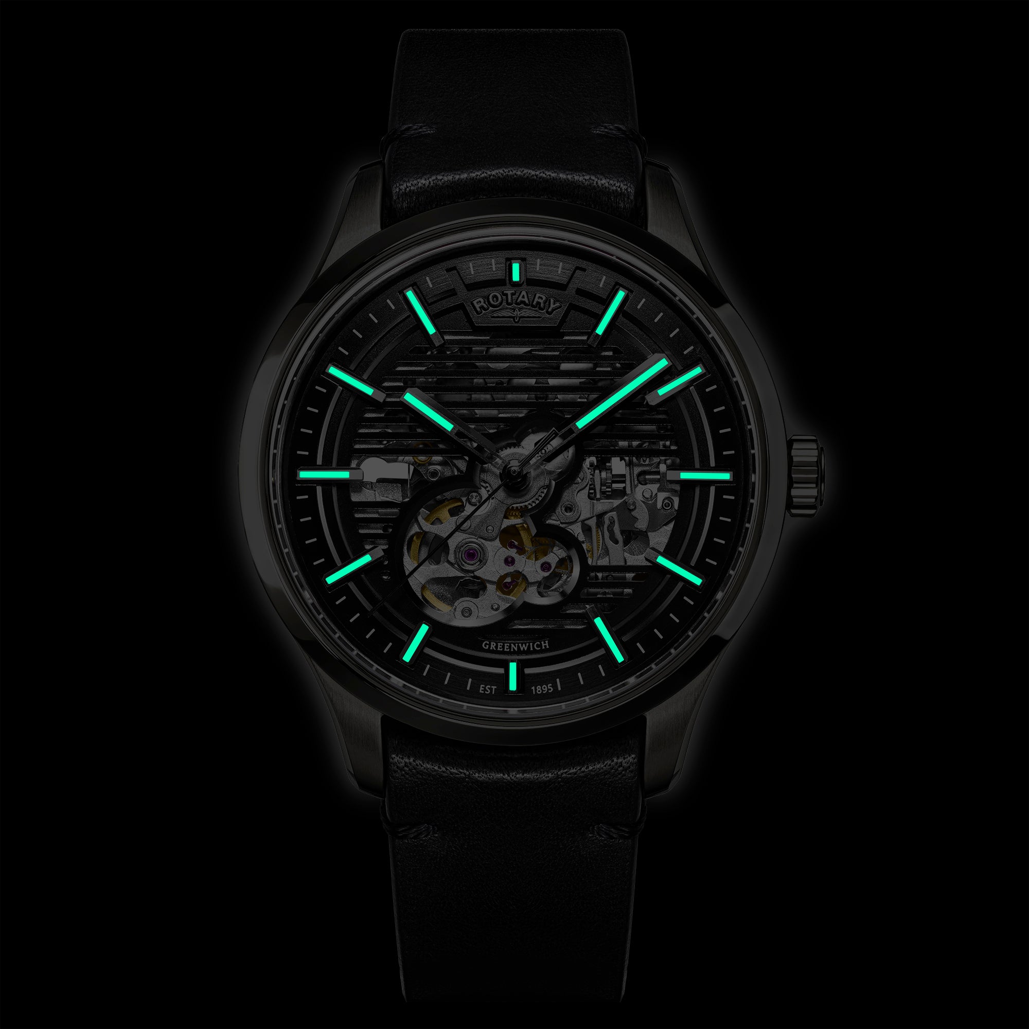 Rotary Greenwich GT1 watch with glowing green accents on a dark background
