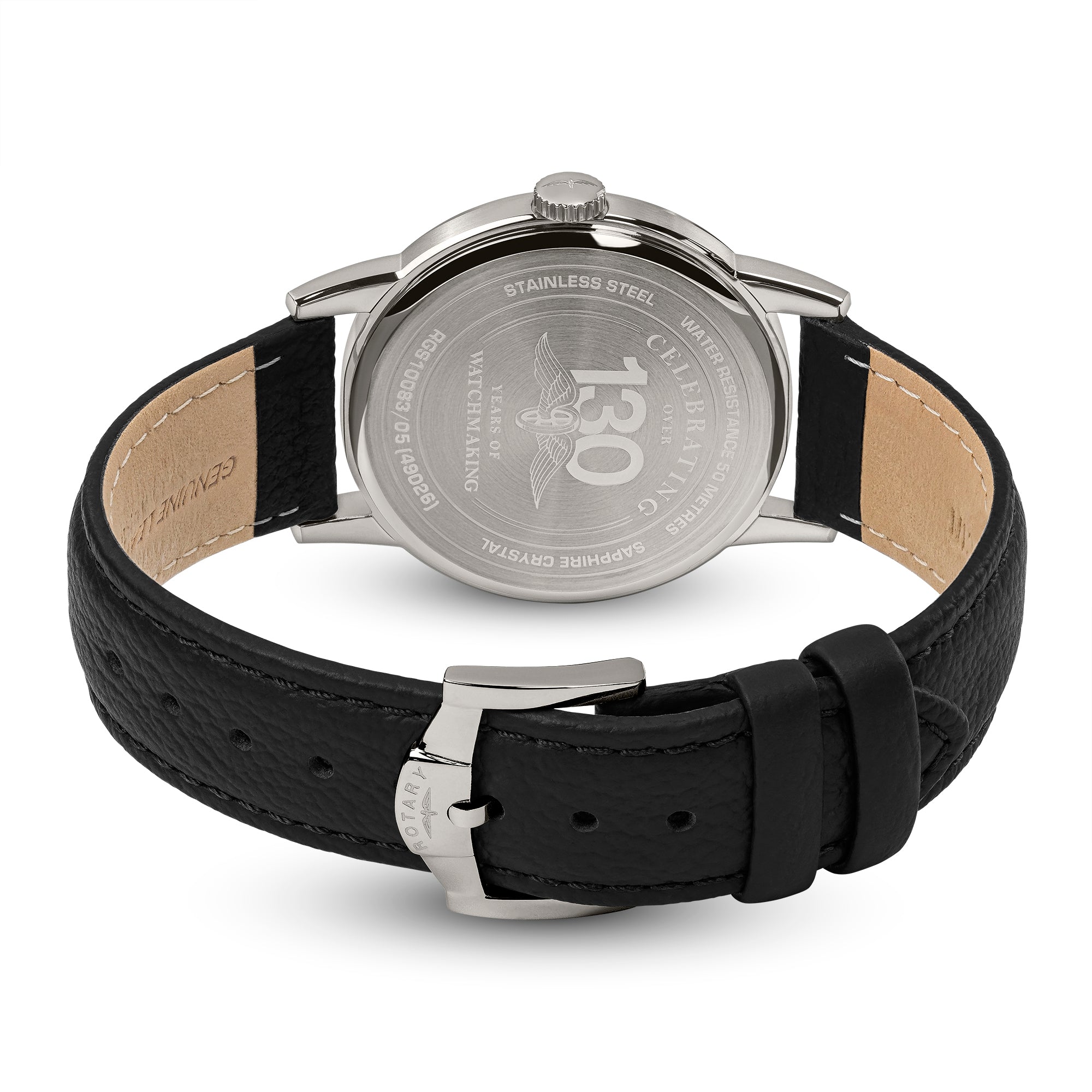 Men's Rotary watch with black leather strap and silver case on a white background