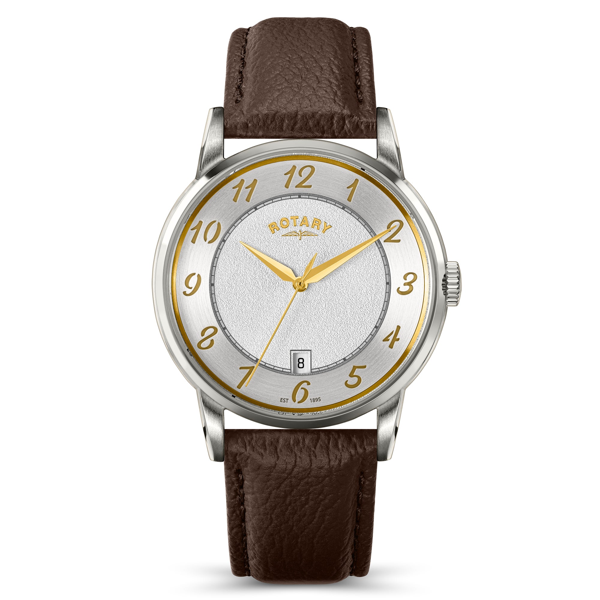 Rotary watch with brown leather strap and silver case on white background