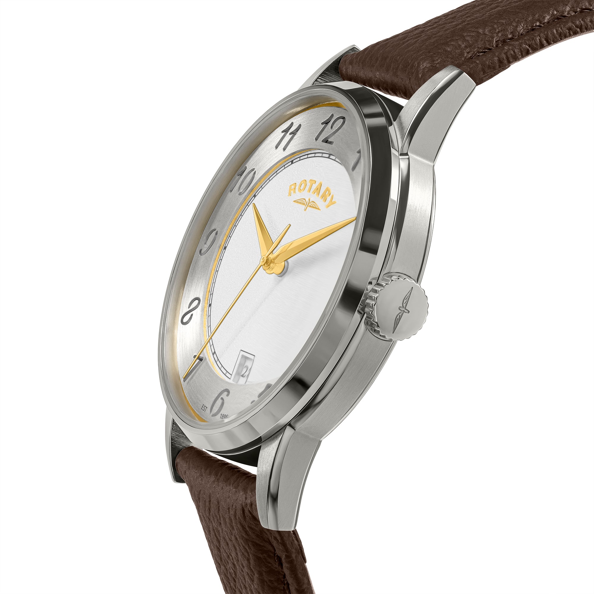 Rotary Heritage watch with brown strap and silver case on white background